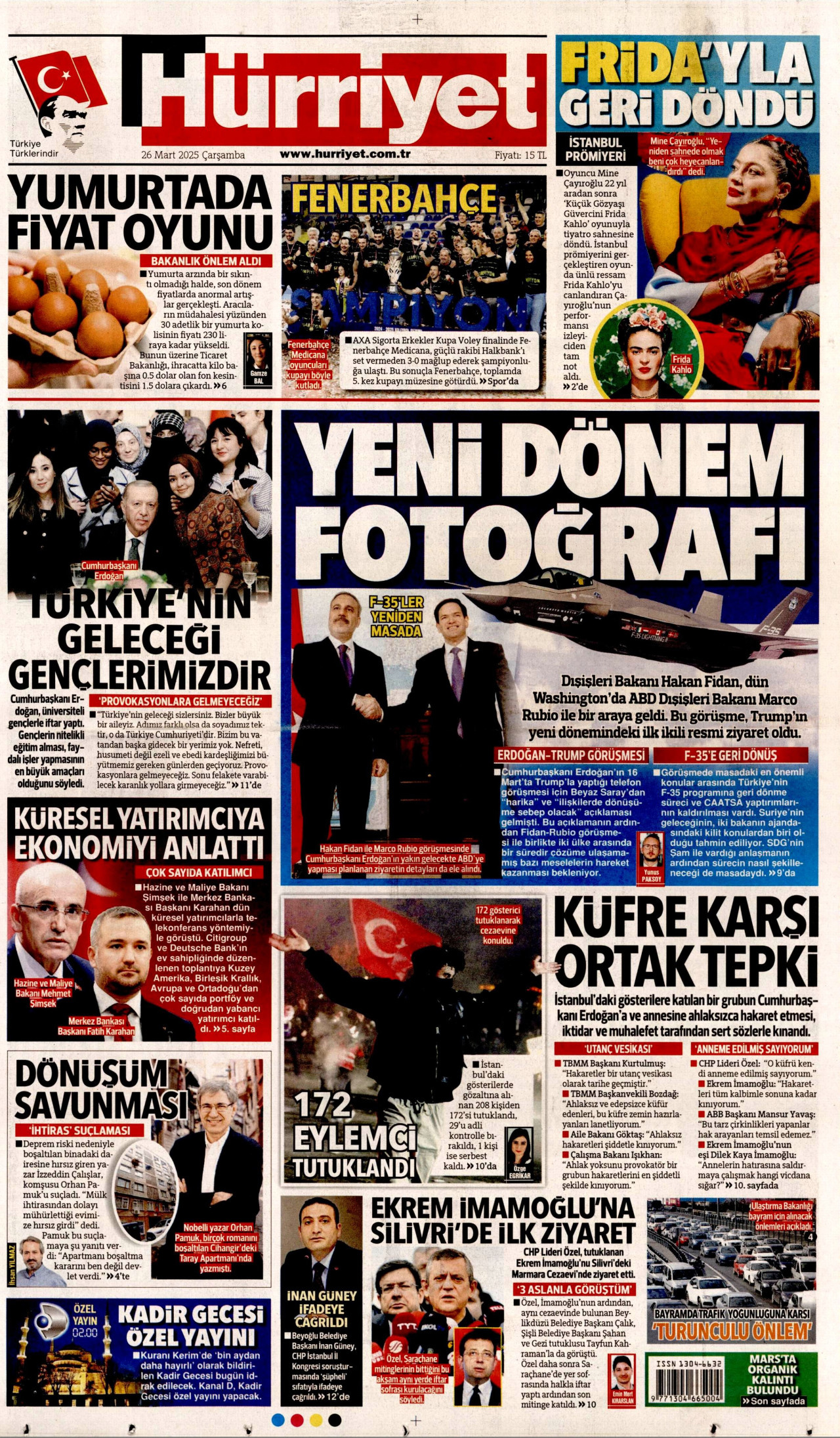 HÜRRİYET gazetesinin 26 Mart 2025 tarihli birinci sayfası