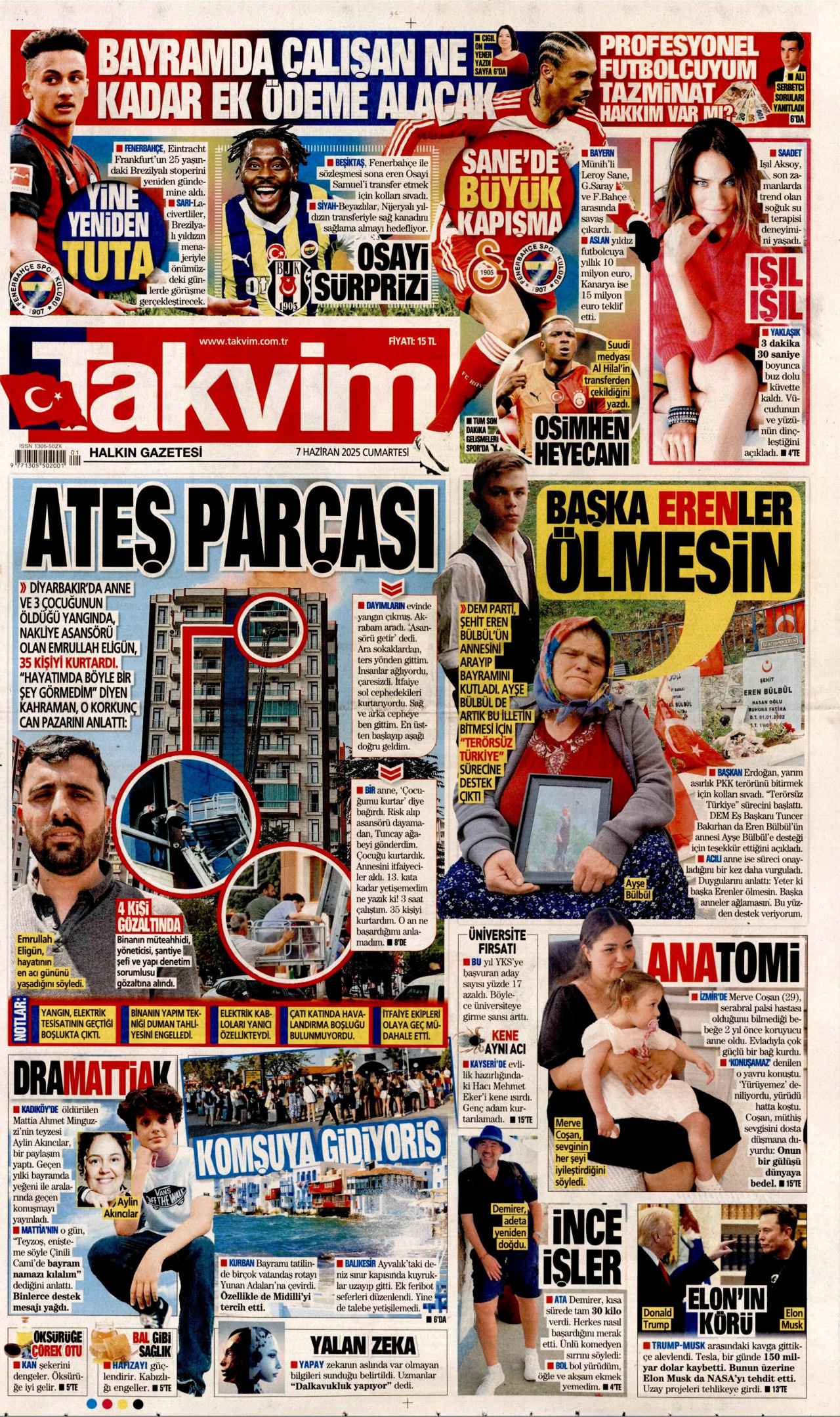 TAKVİM gazetesinin 7 Haziran 2025 tarihli birinci sayfası