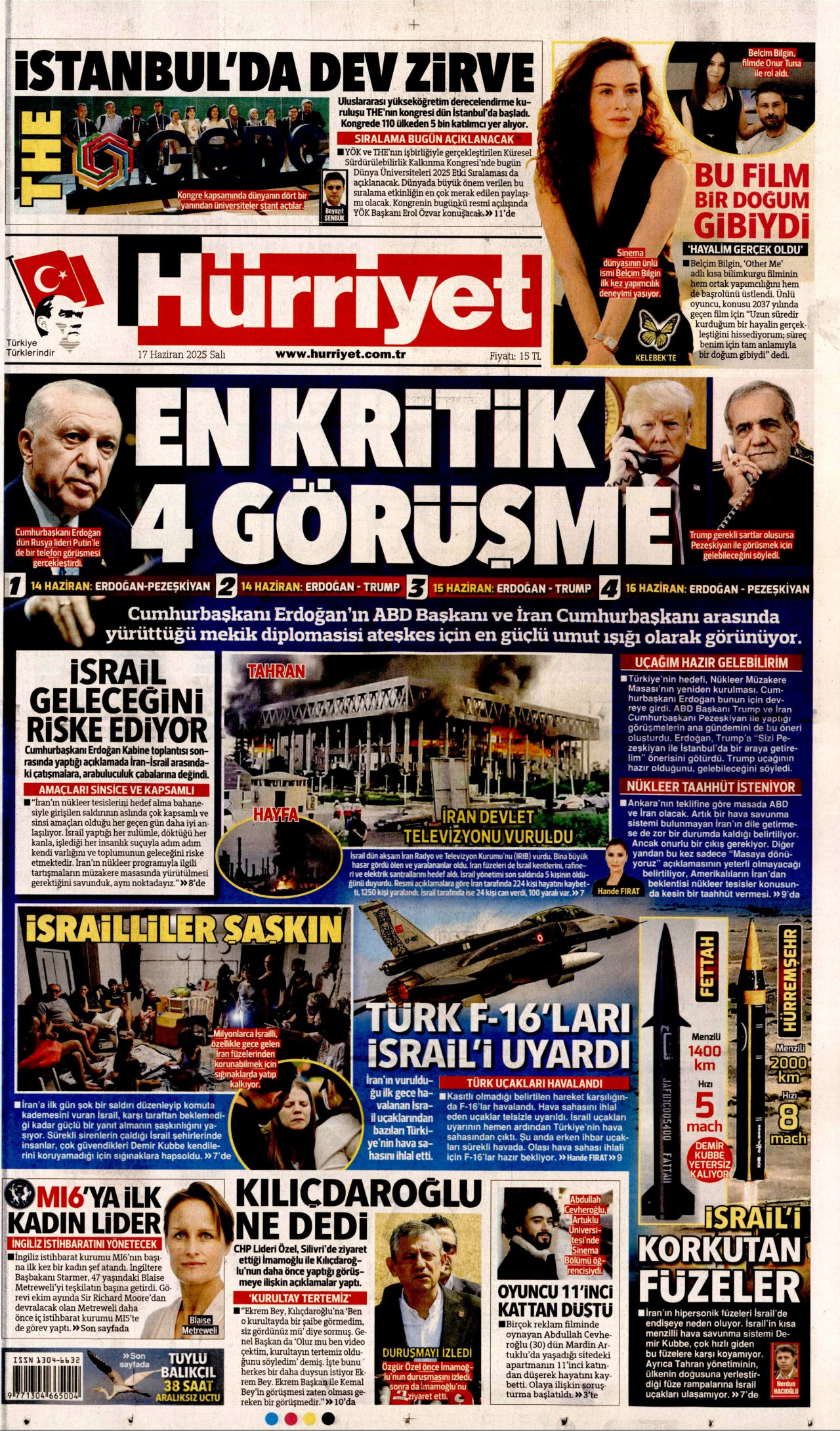 HÜRRİYET gazetesinin 17 Haziran 2025 tarihli birinci sayfası