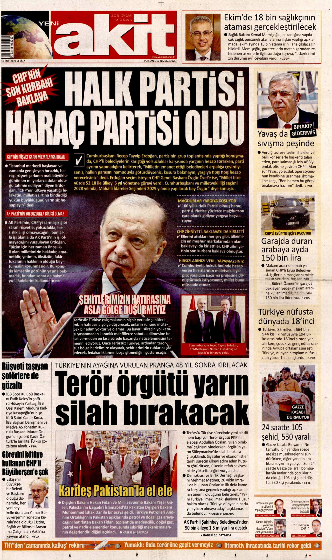 YENİ AKİT gazetesinin 10 Temmuz 2025 tarihli birinci sayfası