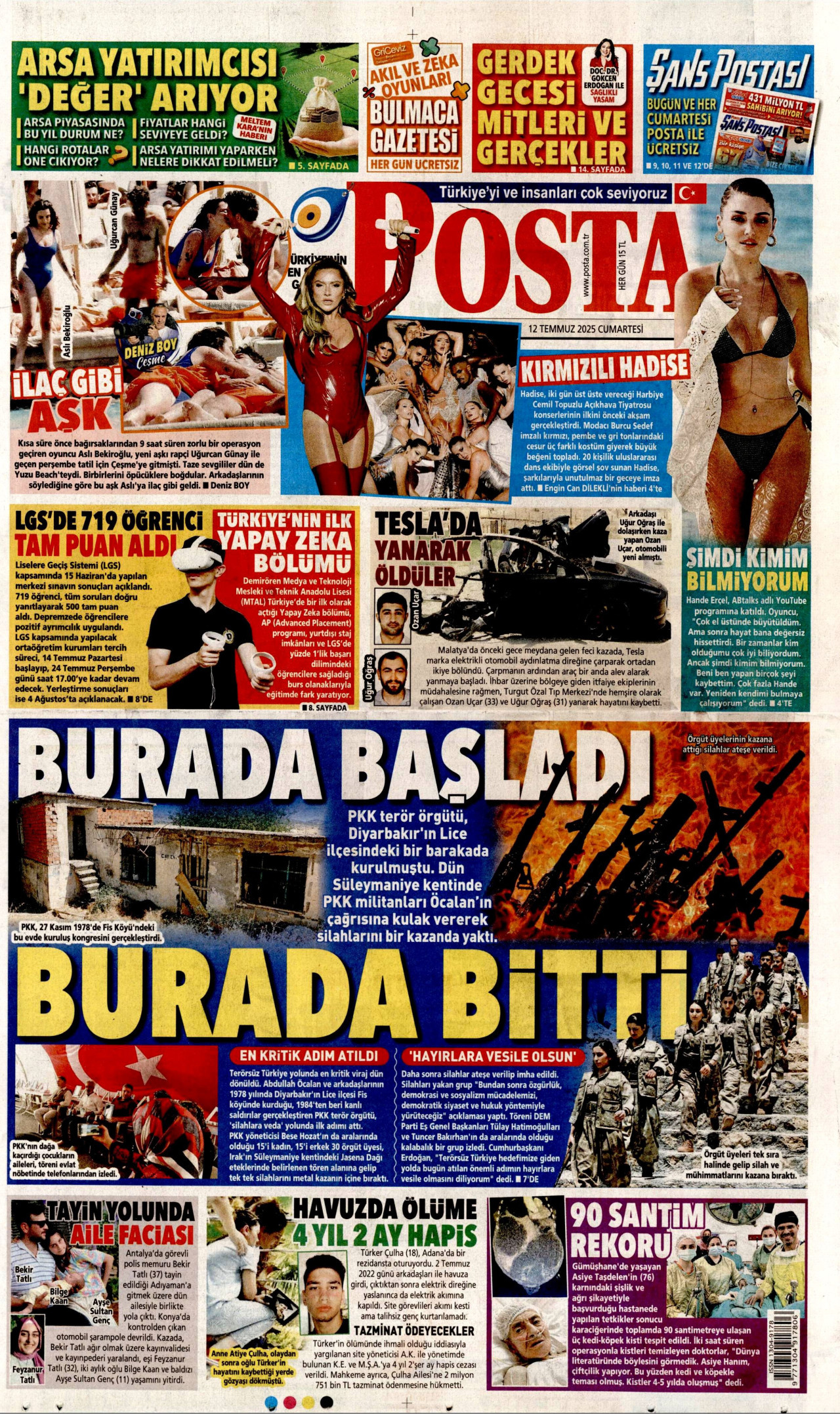 POSTA gazetesinin 12 Temmuz 2025 tarihli birinci sayfası