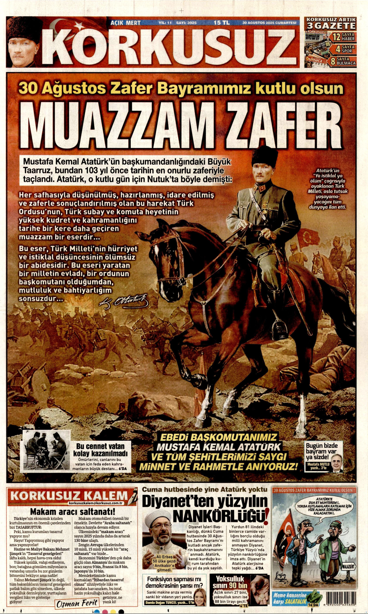 KORKUSUZ gazetesinin 30 Ağustos 2025 tarihli birinci sayfası
