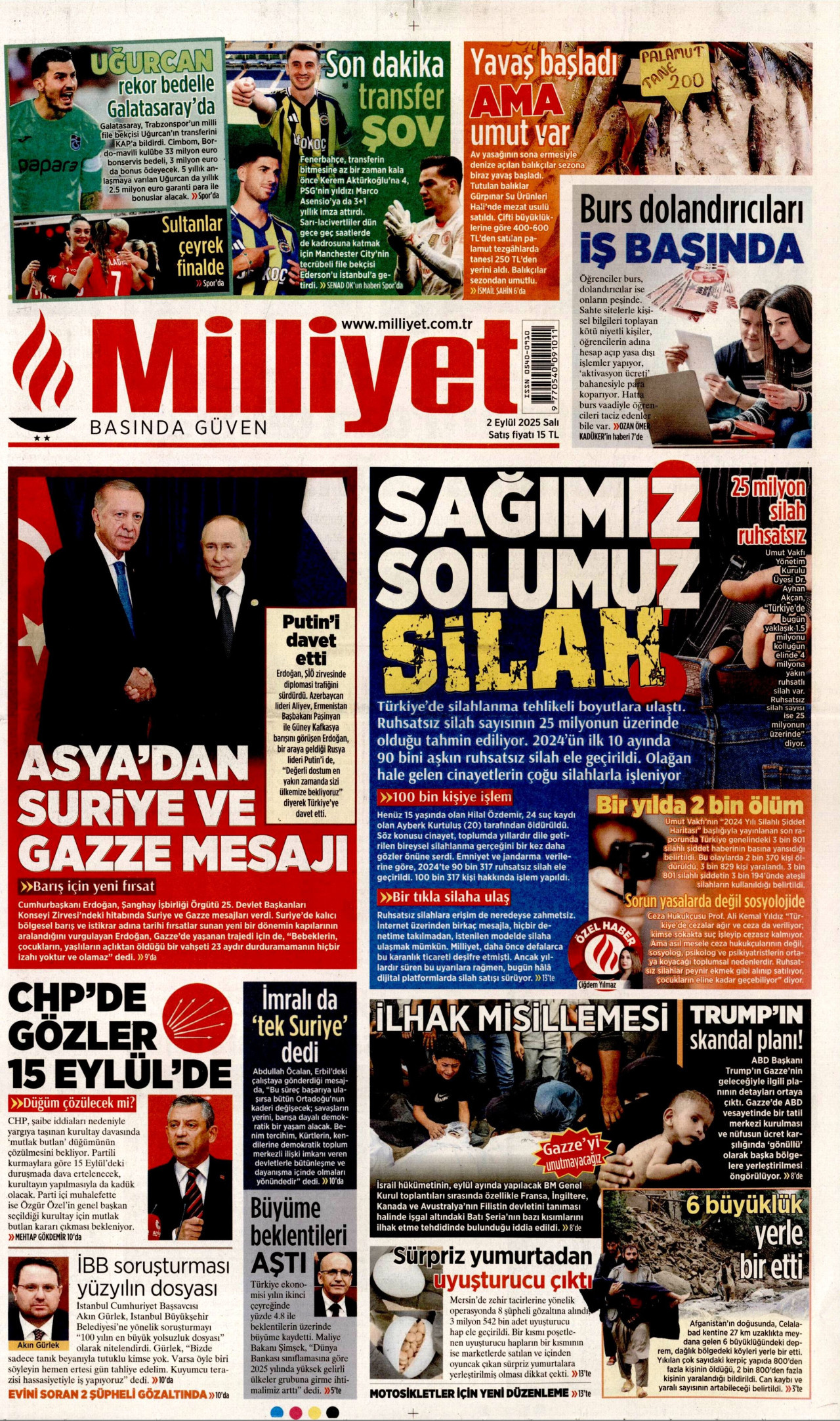 MİLLİYET gazetesinin 2 Eylül 2025 tarihli birinci sayfası