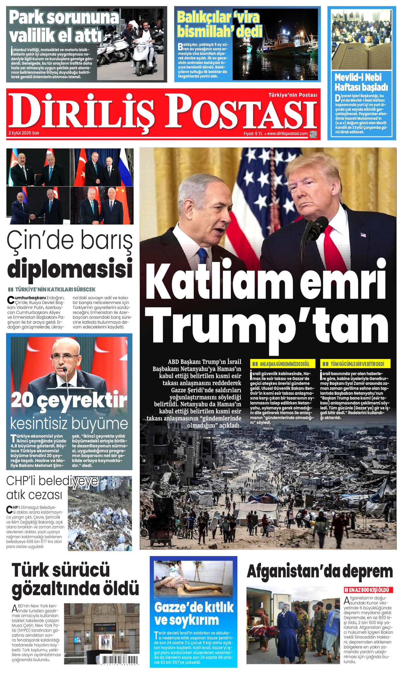 DİRİLİŞ POSTASI gazetesinin 2 Eylül 2025 tarihli birinci sayfası