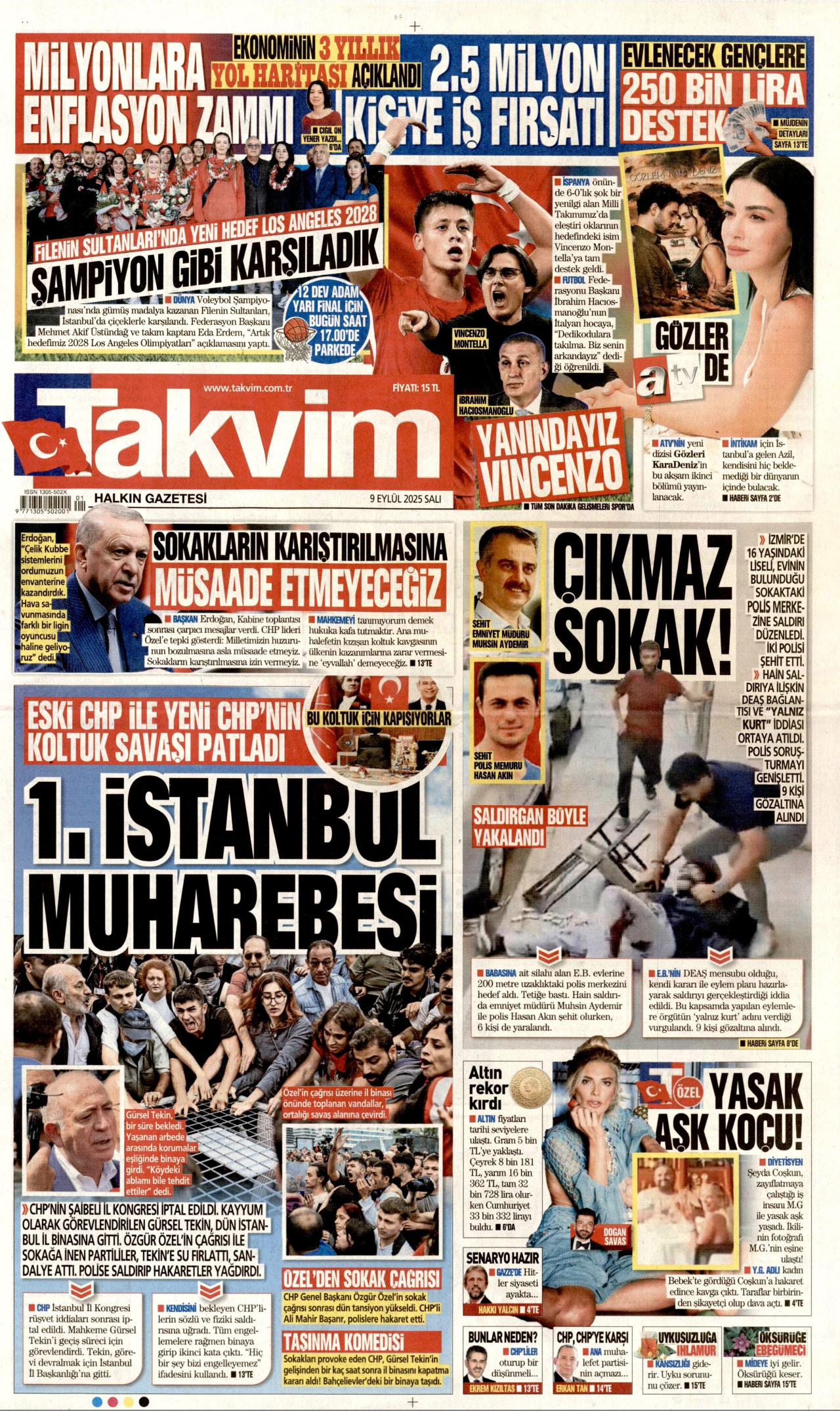 TAKVİM gazetesinin 9 Eylül 2025 tarihli birinci sayfası