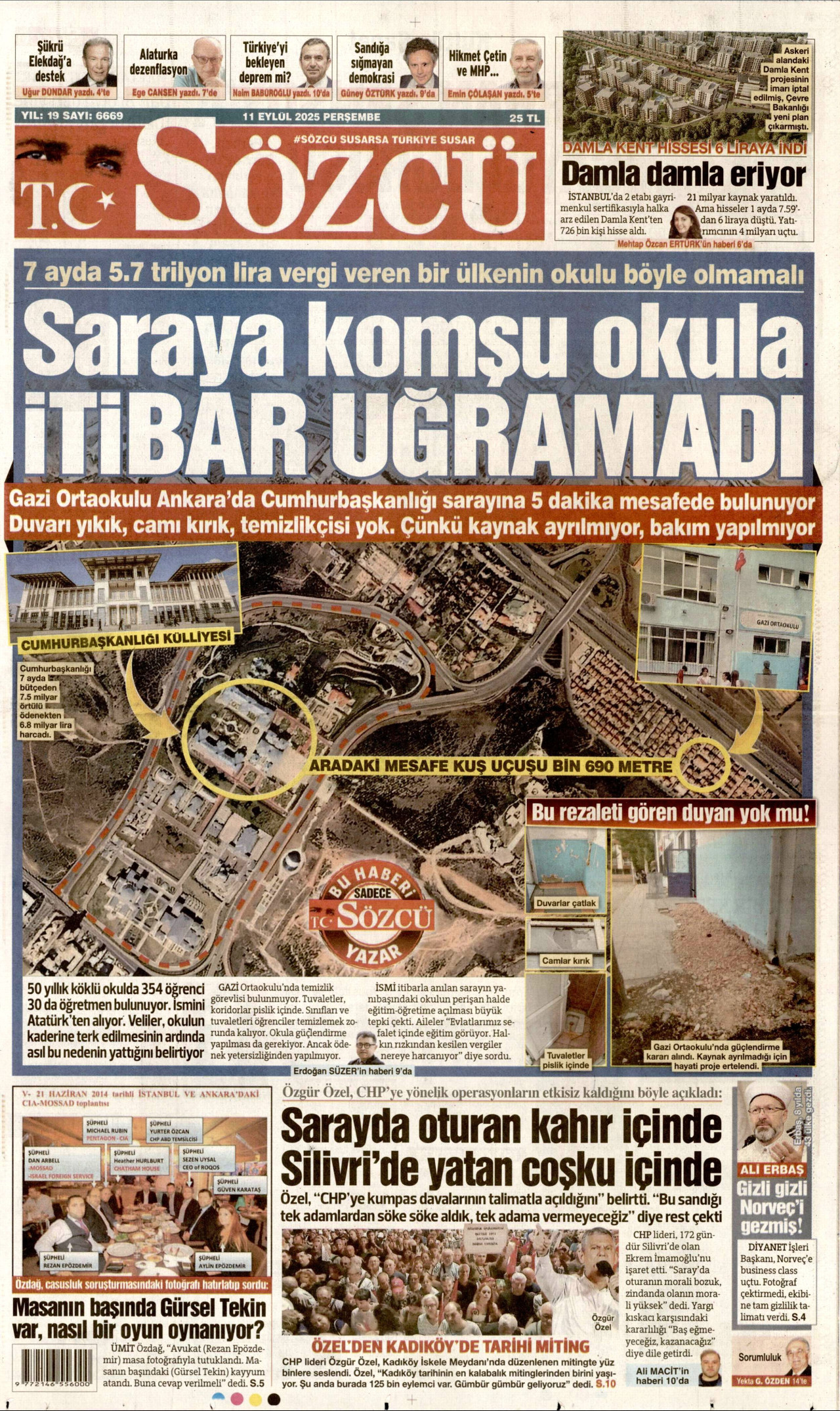 SÖZCÜ gazetesinin 11 Eylül 2025 tarihli birinci sayfası
