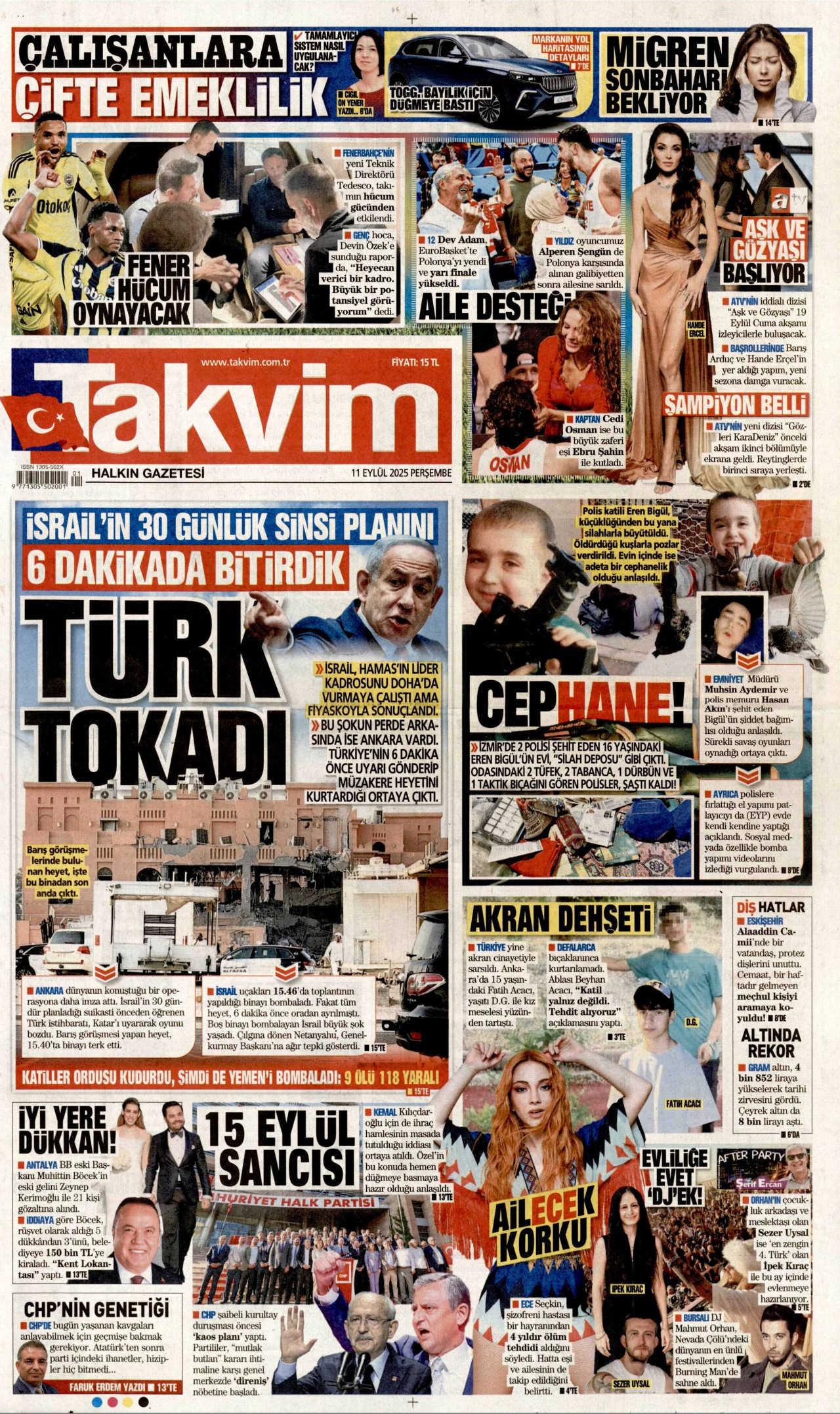 TAKVİM gazetesinin 11 Eylül 2025 tarihli birinci sayfası