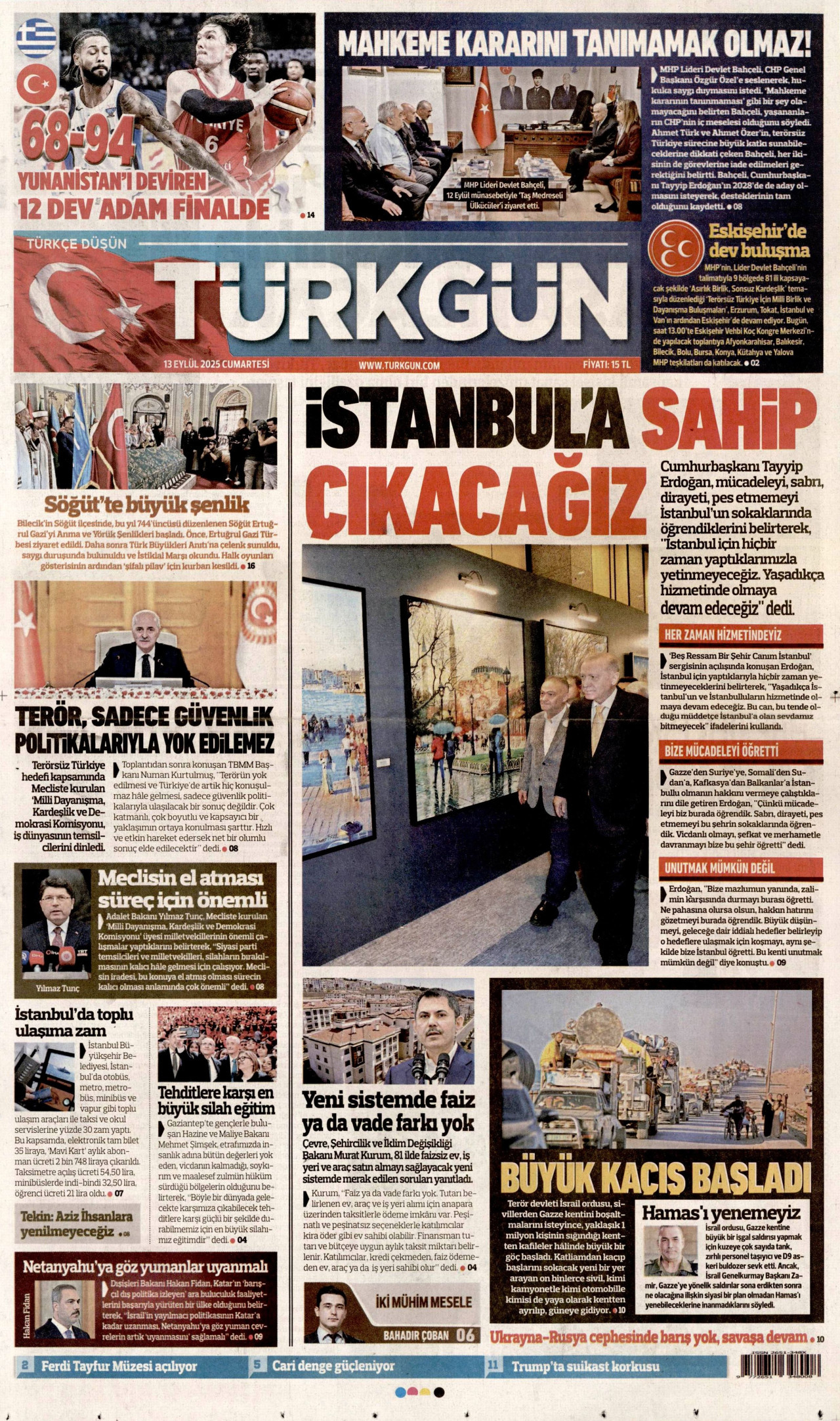 TÜRKGÜN gazetesinin 13 Eylül 2025 tarihli birinci sayfası