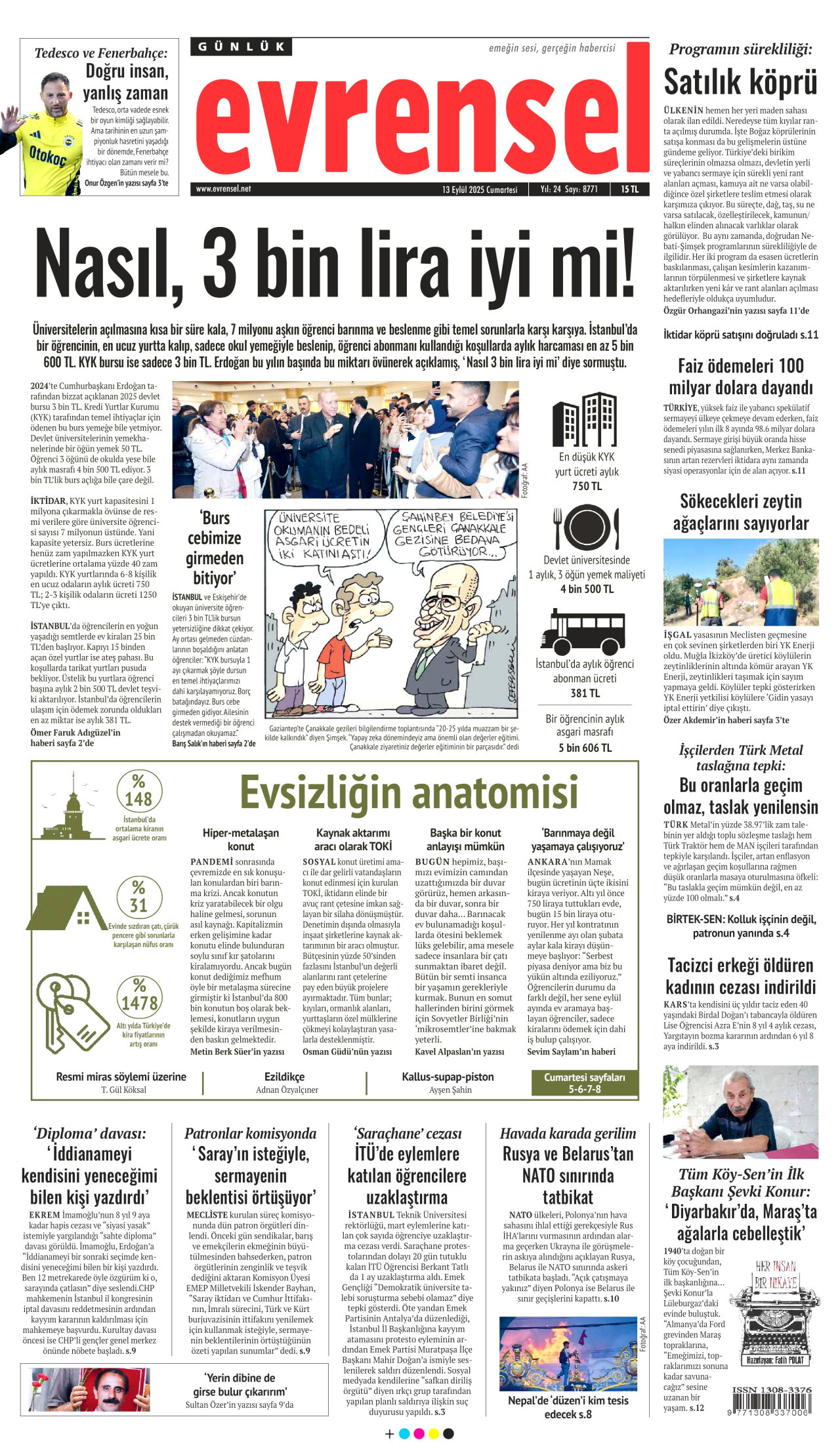 EVRENSEL gazetesinin 13 Eylül 2025 tarihli birinci sayfası