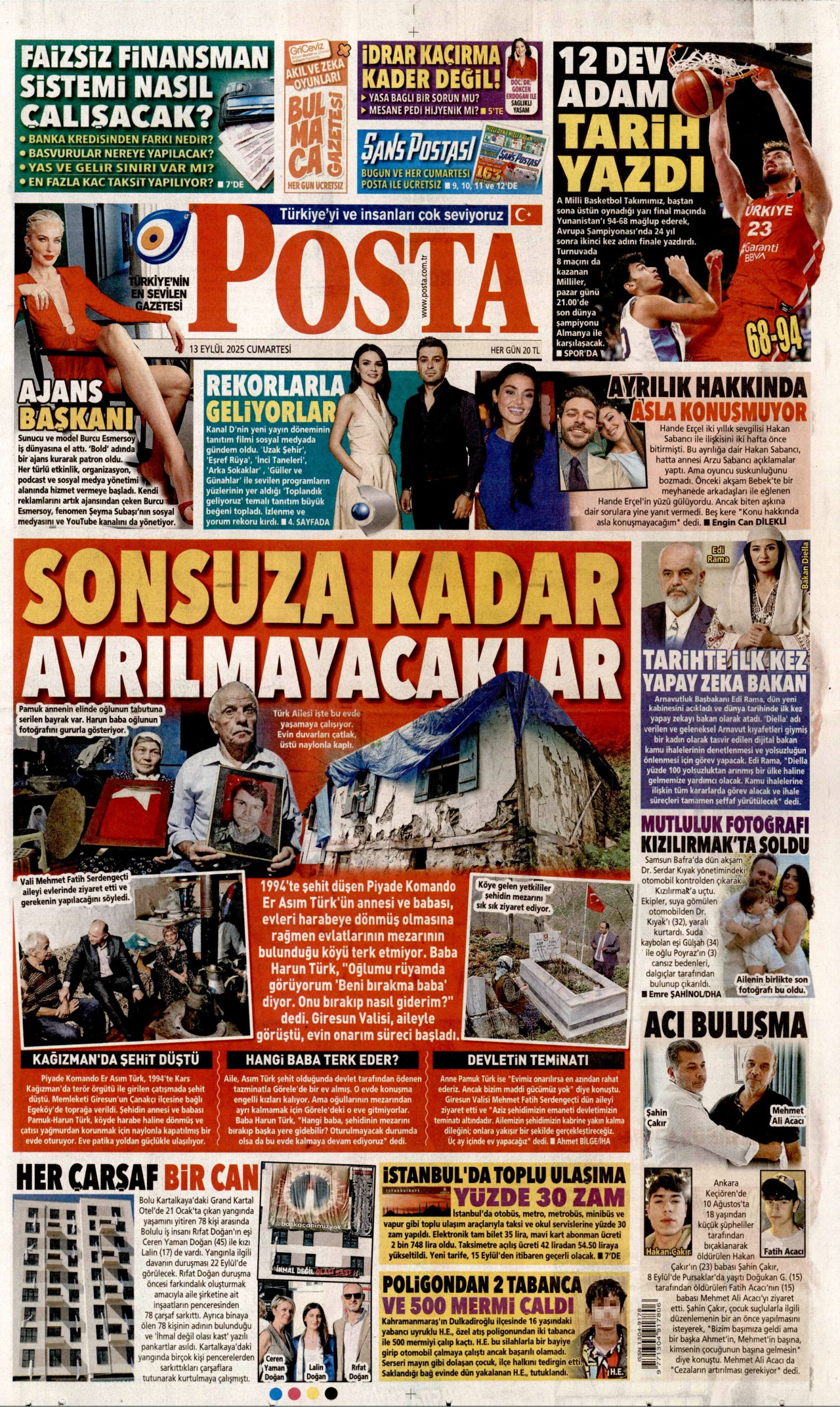 POSTA gazetesinin 13 Eylül 2025 tarihli birinci sayfası