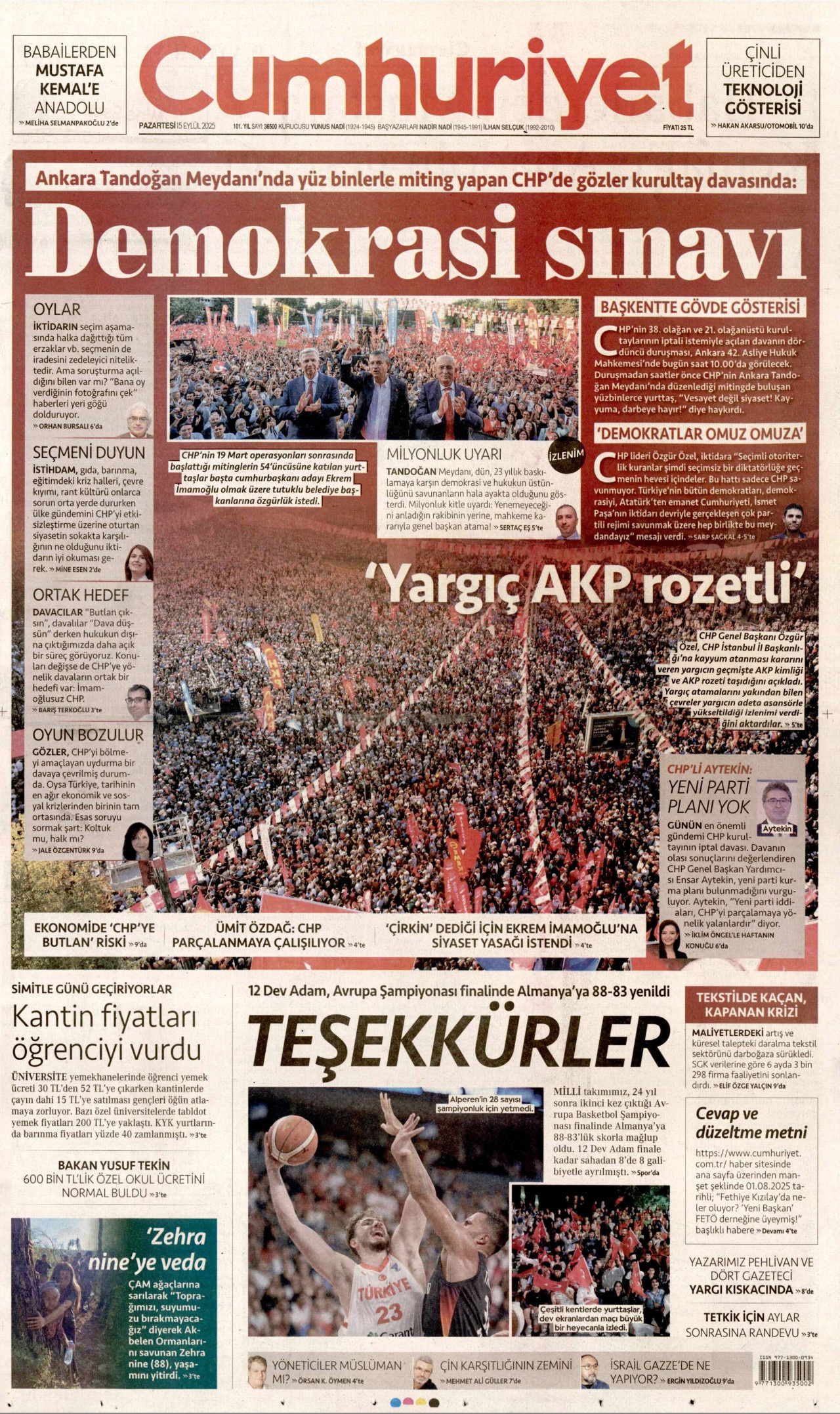 CUMHURİYET gazetesinin 15 Eylül 2025 tarihli birinci sayfası
