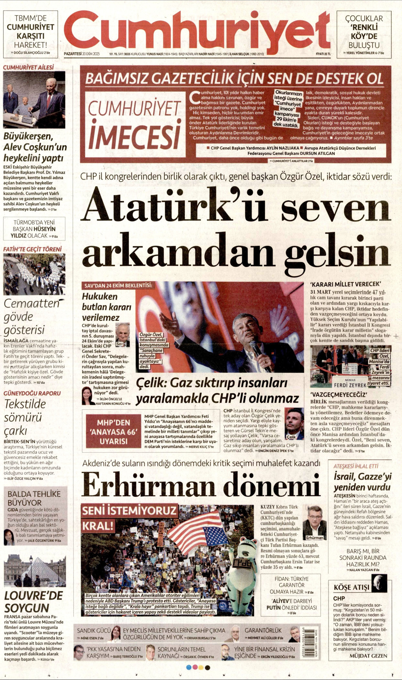CUMHURİYET gazetesinin 20 Ekim 2025 tarihli birinci sayfası