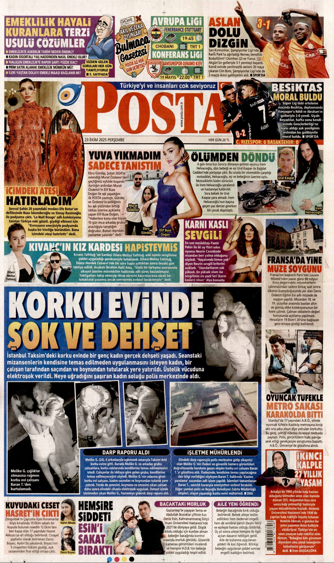 POSTA gazetesinin 23 Ekim 2025 tarihli birinci sayfası