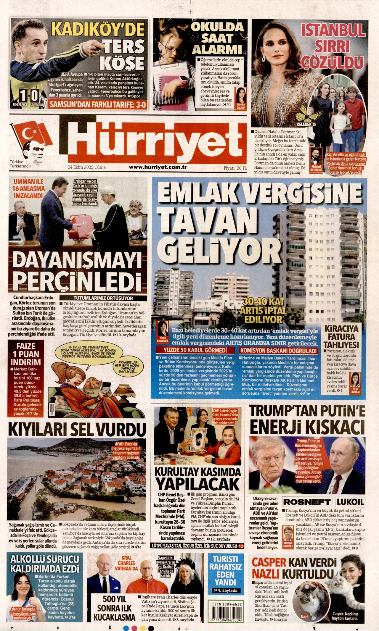 HÜRRİYET gazetesinin 24 Ekim 2025 tarihli birinci sayfası