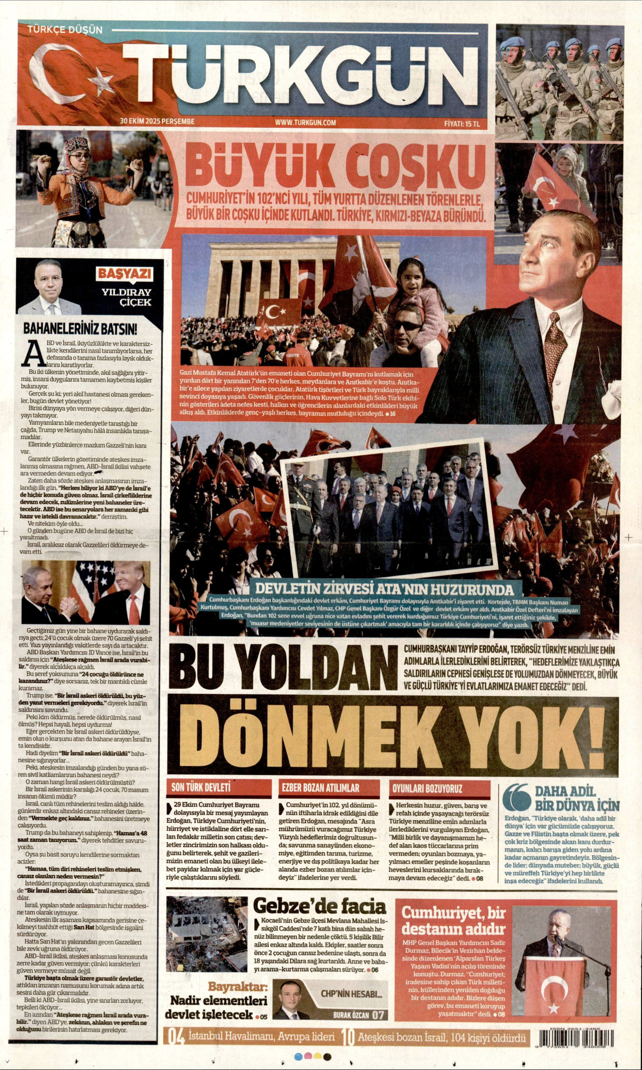 TÜRKGÜN gazetesinin 30 Ekim 2025 tarihli birinci sayfası