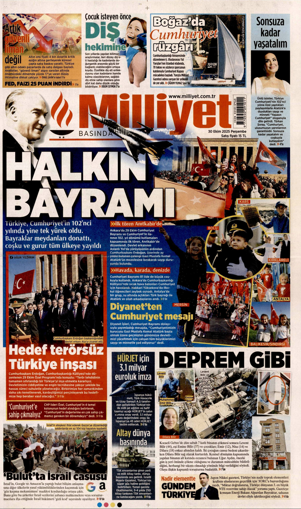 MİLLİYET gazetesinin 30 Ekim 2025 tarihli birinci sayfası
