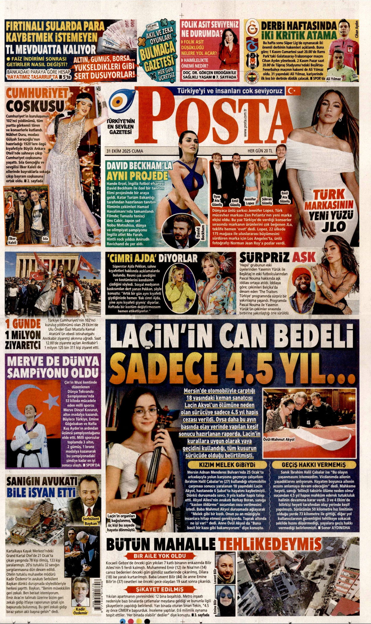 POSTA gazetesinin 31 Ekim 2025 tarihli birinci sayfası