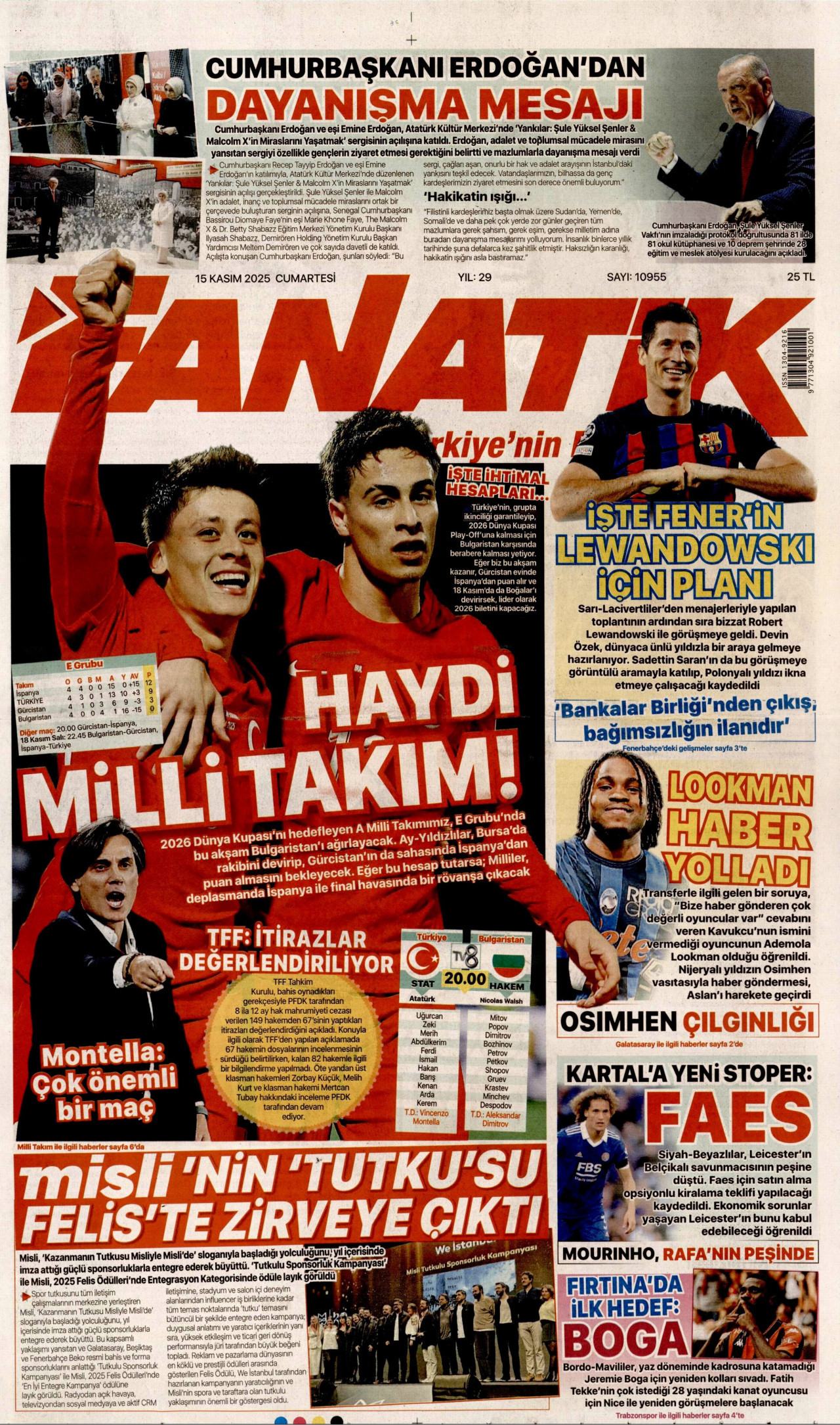 FANATİK gazetesinin 15 Kasım 2025 tarihli birinci sayfası