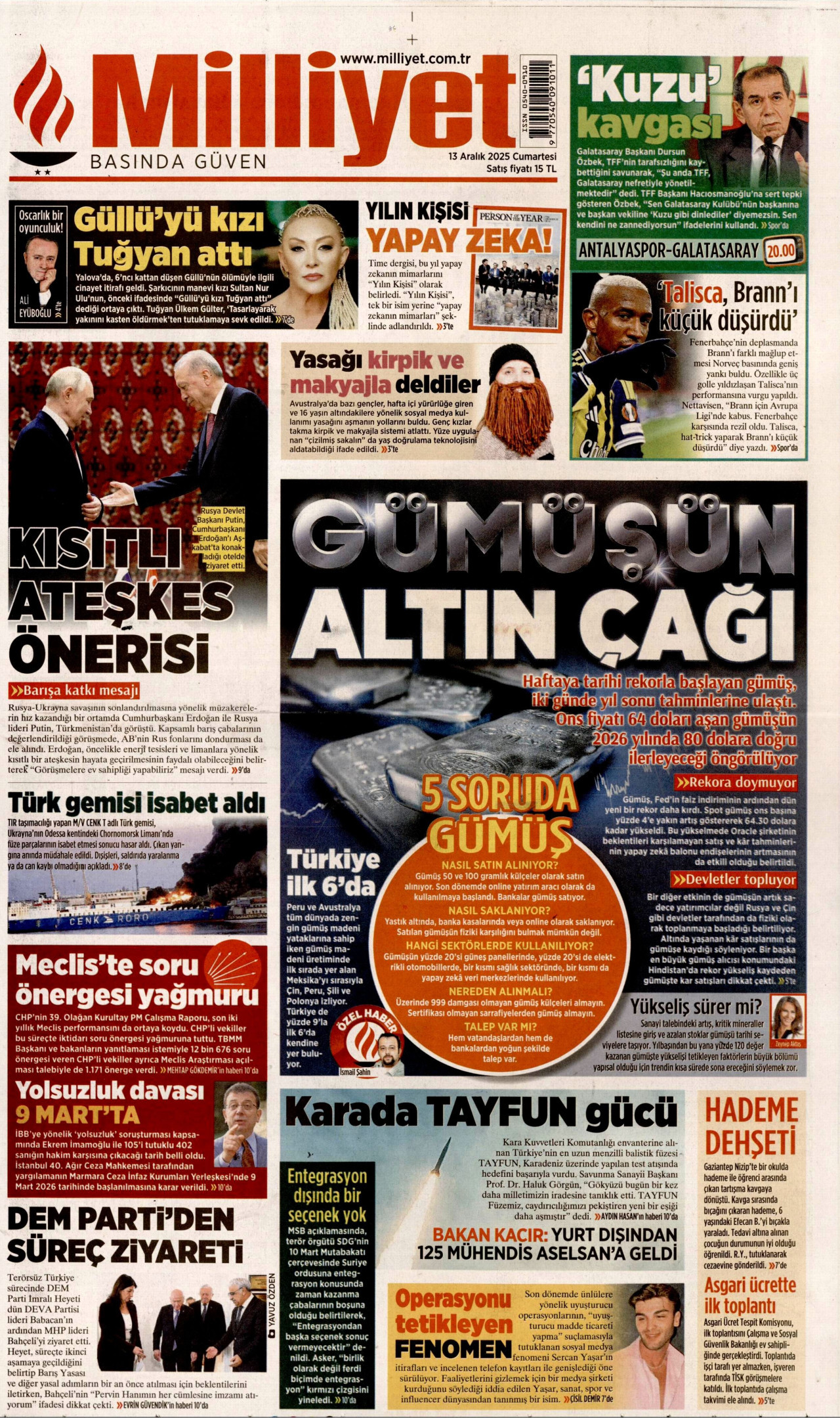 MİLLİYET gazetesinin 13 Aralık 2025 tarihli birinci sayfası