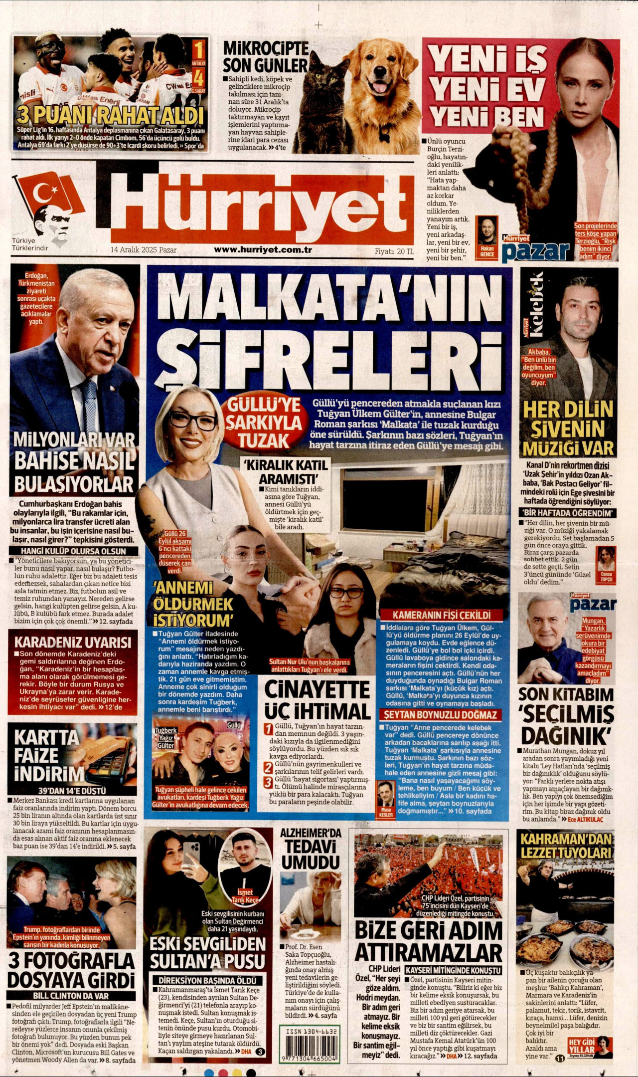 HÜRRİYET gazetesinin 14 Aralık 2025 tarihli birinci sayfası