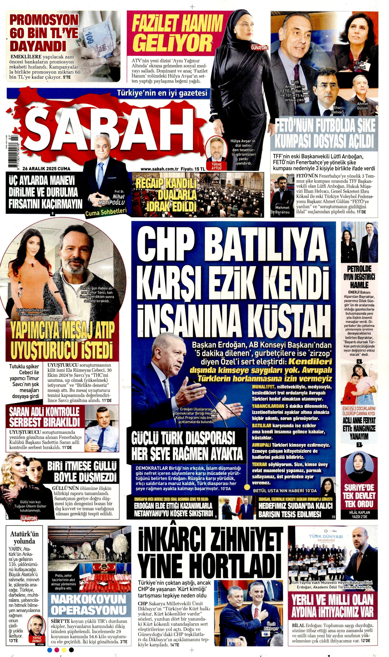 SABAH gazetesinin 26 Aralık 2025 tarihli birinci sayfası