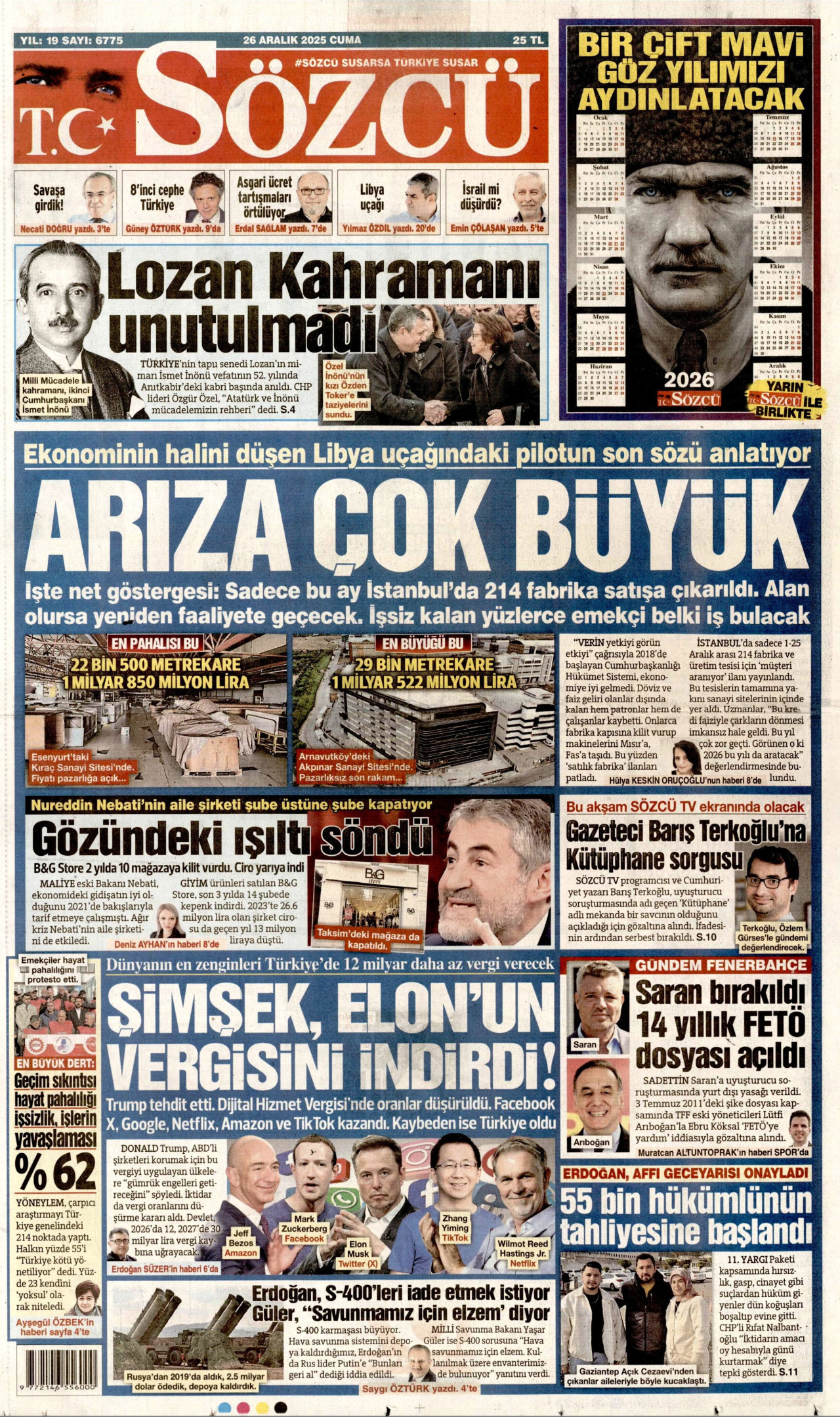 SÖZCÜ gazetesinin 26 Aralık 2025 tarihli birinci sayfası