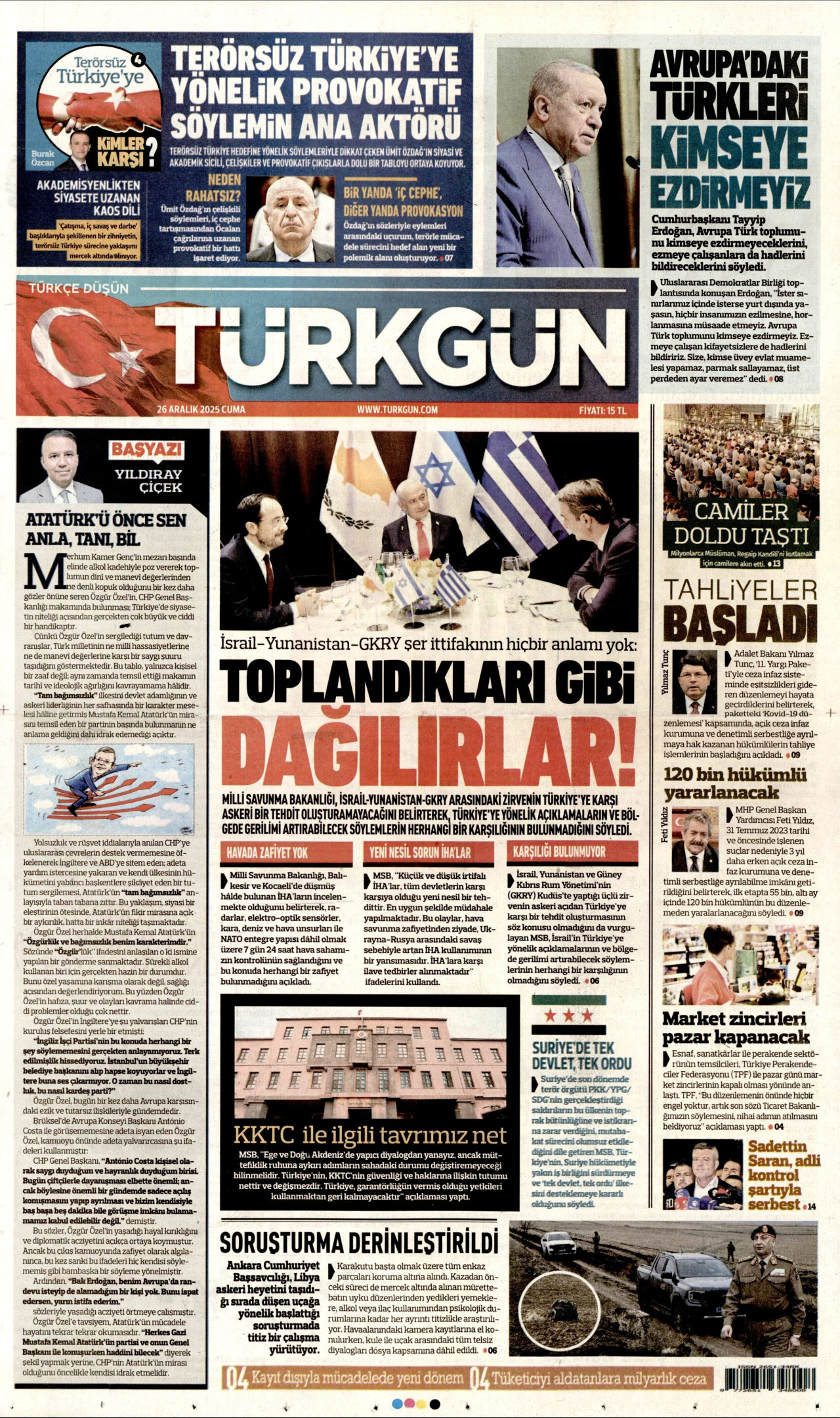 TÜRKGÜN gazetesinin 26 Aralık 2025 tarihli birinci sayfası