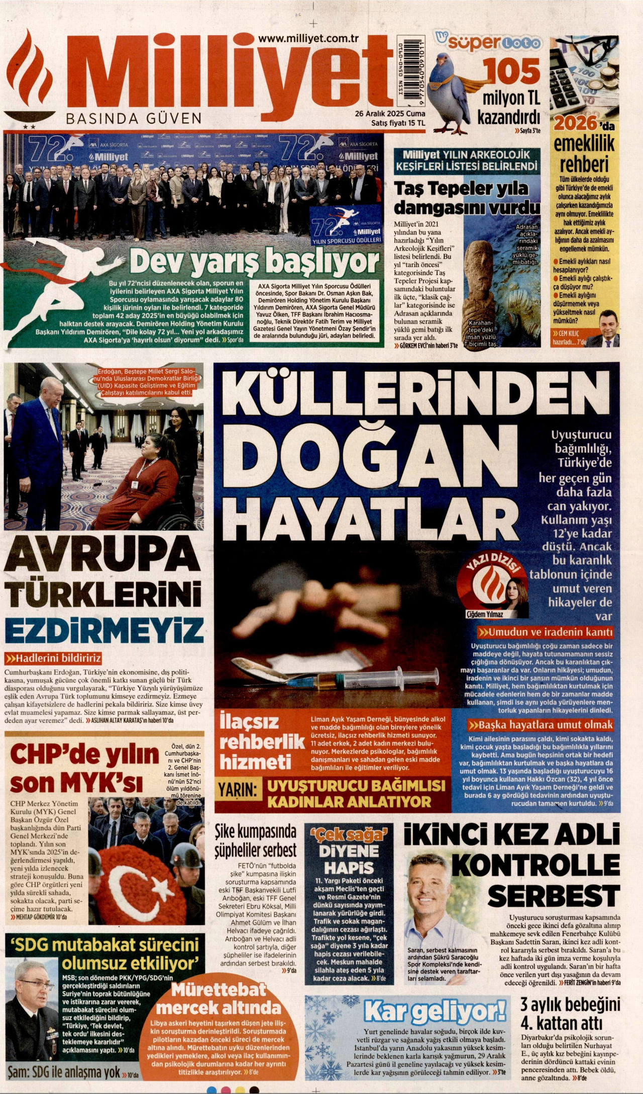 MİLLİYET gazetesinin 26 Aralık 2025 tarihli birinci sayfası