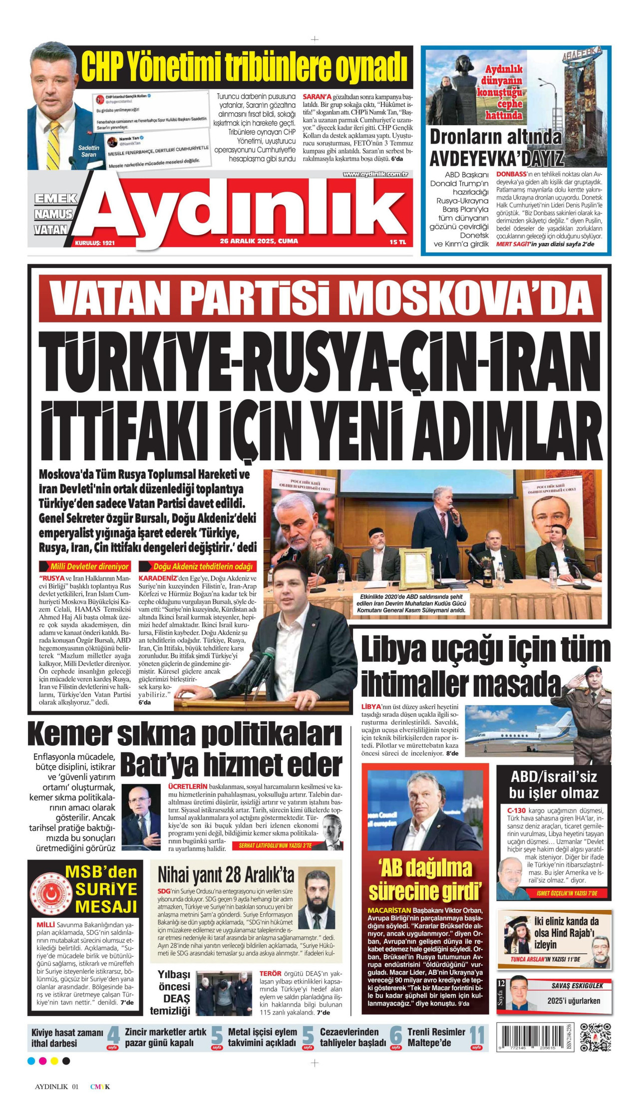 AYDINLIK GAZETESİ gazetesinin 26 Aralık 2025 tarihli birinci sayfası