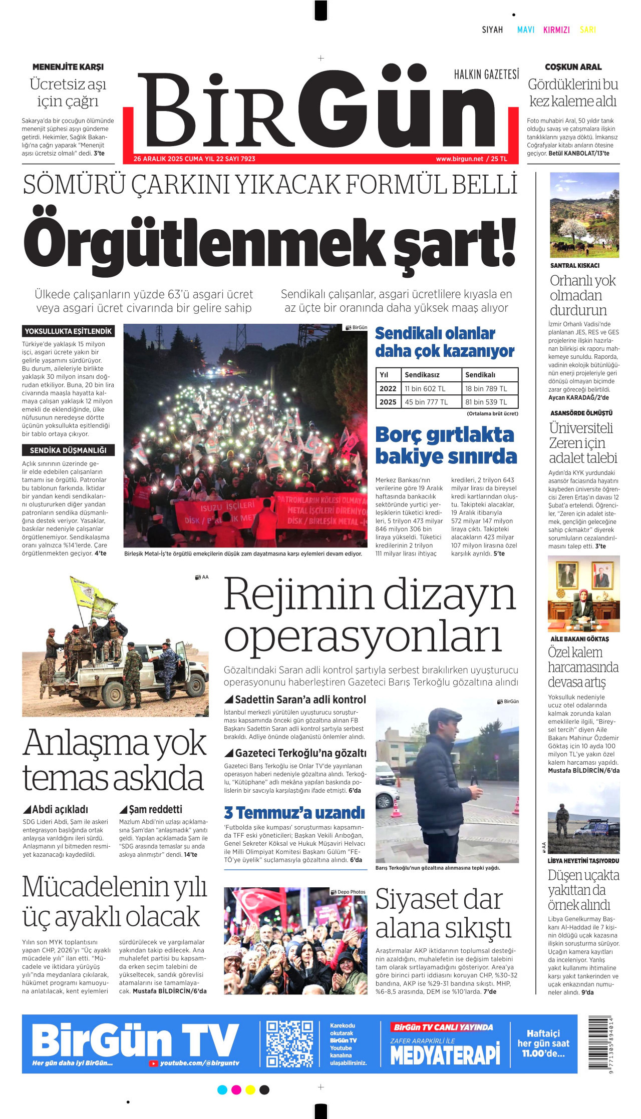 BİRGÜN gazetesinin 26 Aralık 2025 tarihli birinci sayfası