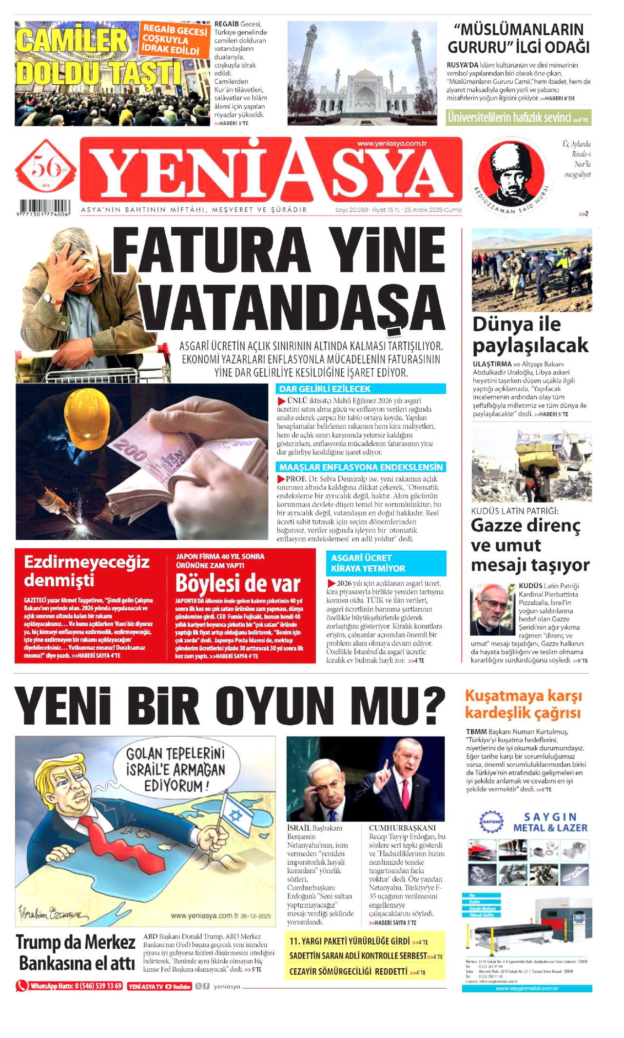 YENİ ASYA gazetesinin 26 Aralık 2025 tarihli birinci sayfası