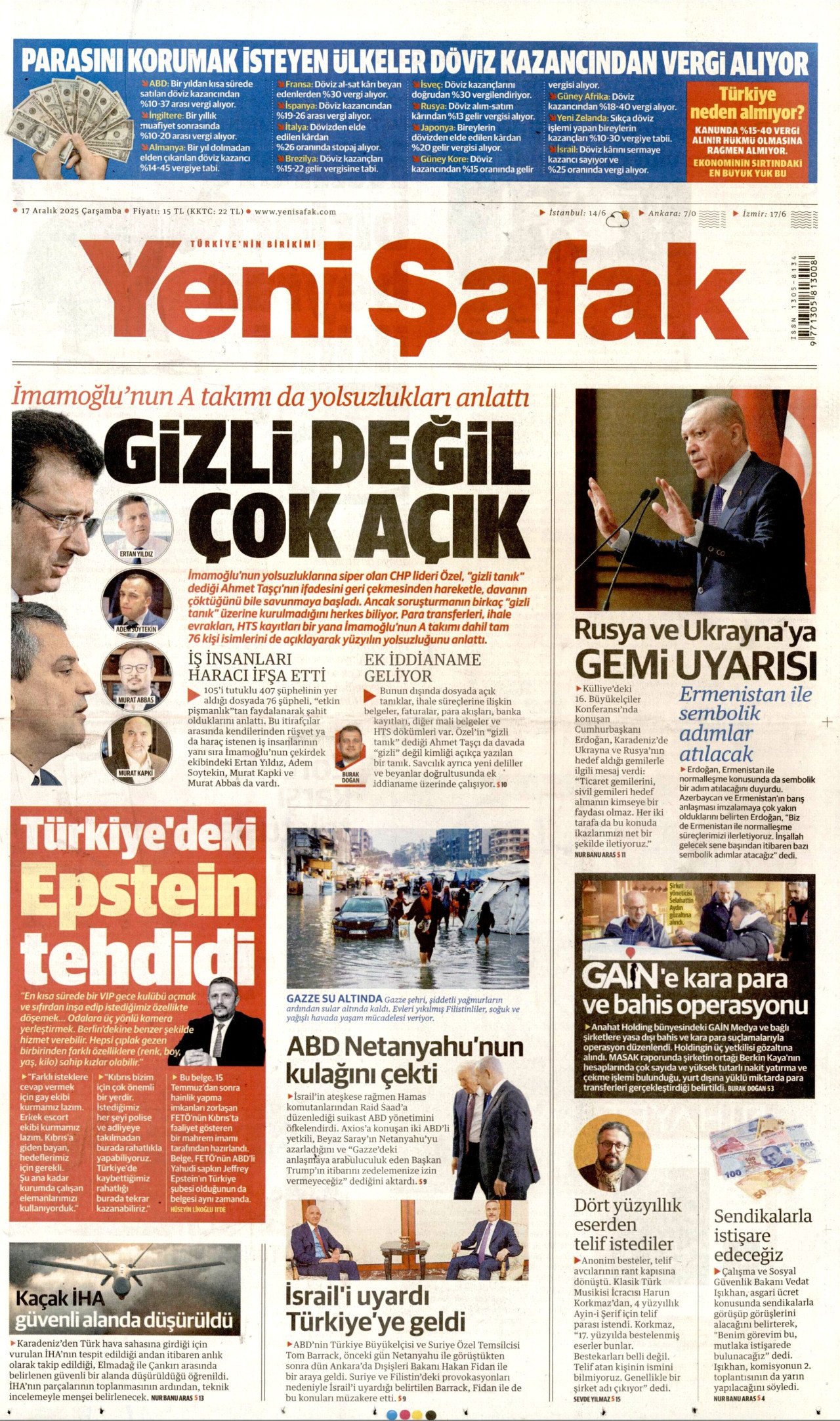 YENİ ŞAFAK gazetesinin 17 Aralık 2025 tarihli birinci sayfası