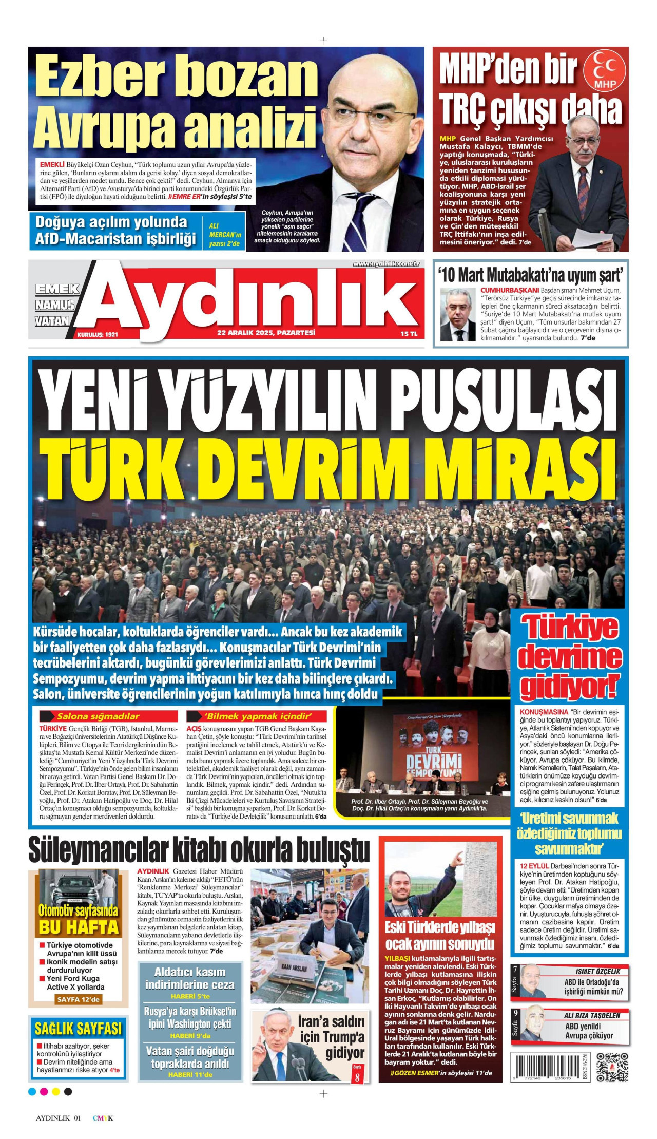 AYDINLIK GAZETESİ gazetesinin 22 Aralık 2025 tarihli birinci sayfası