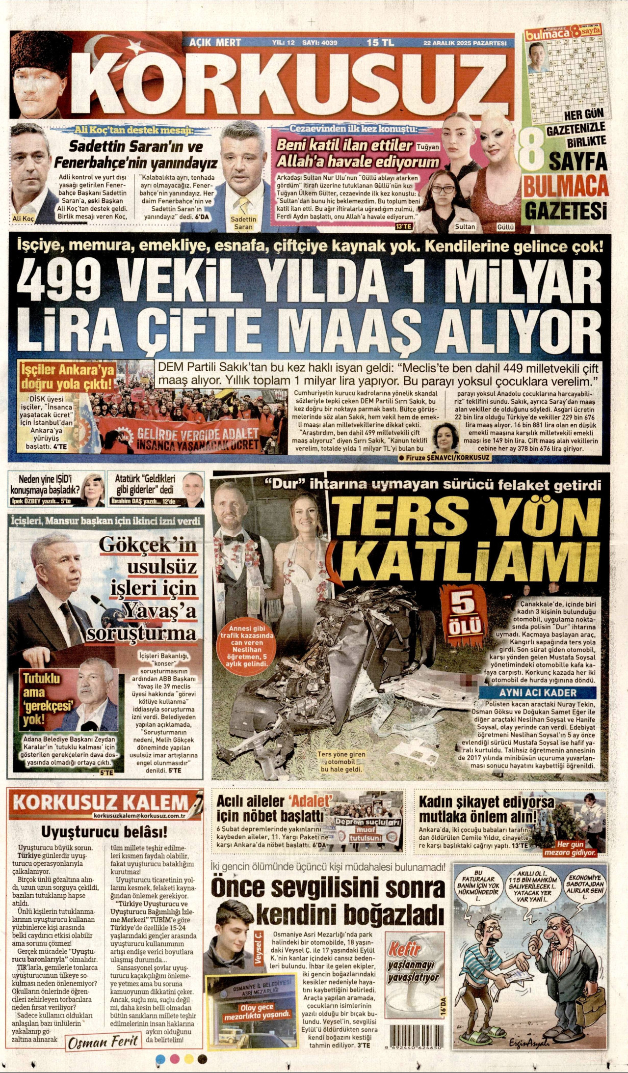 KORKUSUZ gazetesinin 22 Aralık 2025 tarihli birinci sayfası