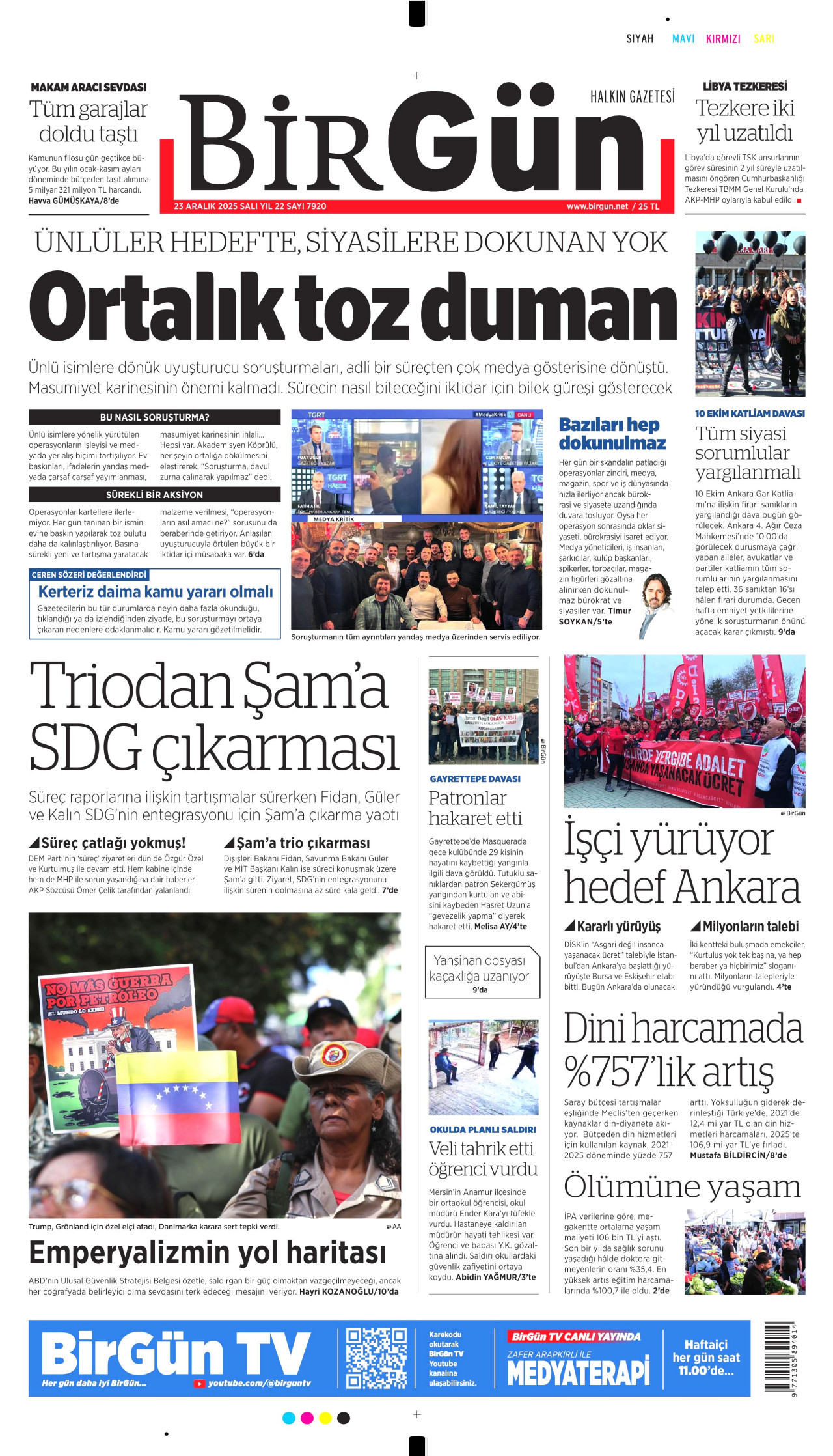 BİRGÜN gazetesinin 23 Aralık 2025 tarihli birinci sayfası
