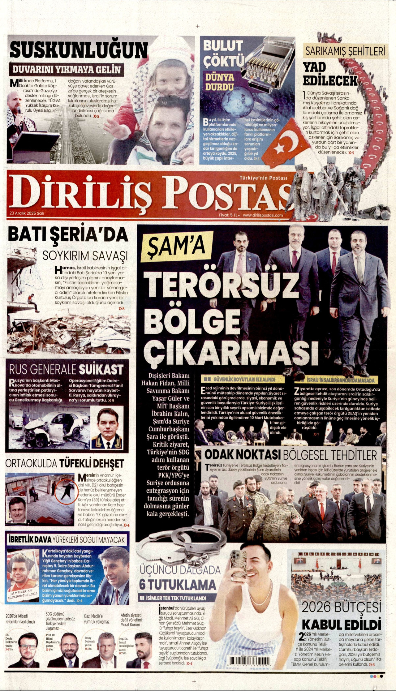 DİRİLİŞ POSTASI gazetesinin 23 Aralık 2025 tarihli birinci sayfası