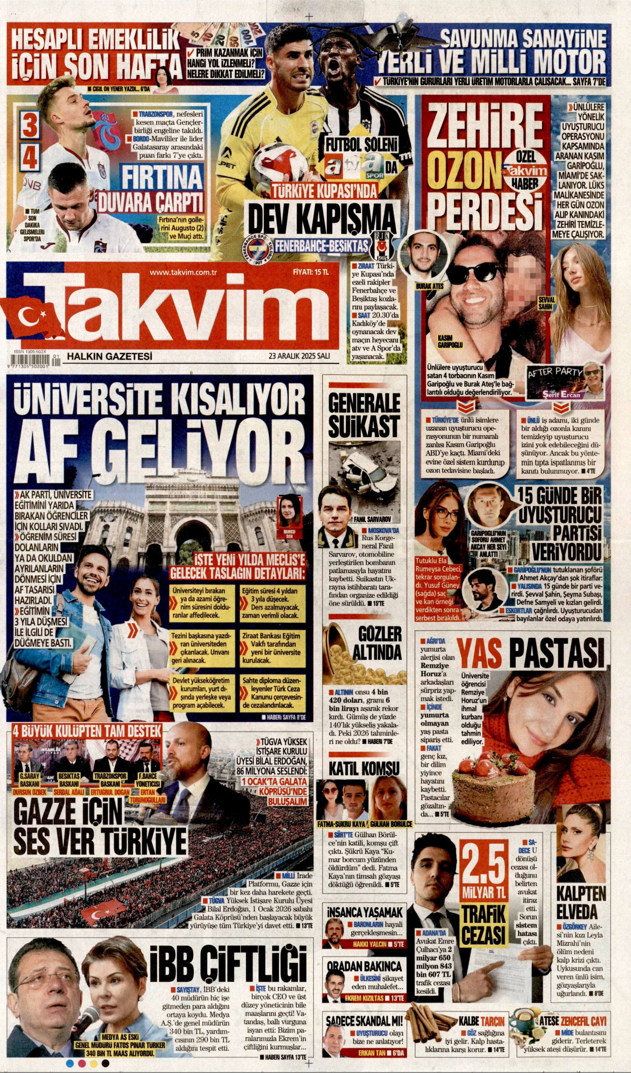 TAKVİM gazetesinin 23 Aralık 2025 tarihli birinci sayfası