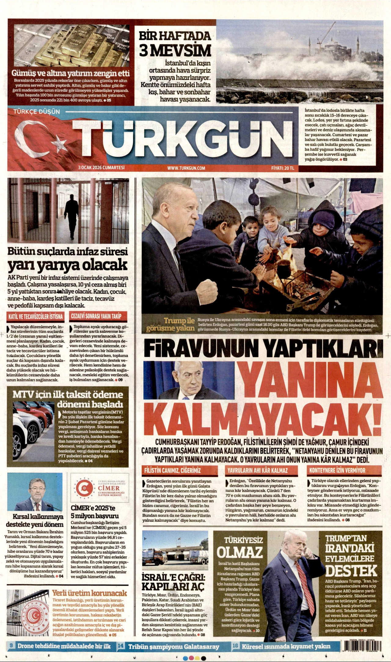TÜRKGÜN gazetesinin 3 Ocak 2026 tarihli birinci sayfası
