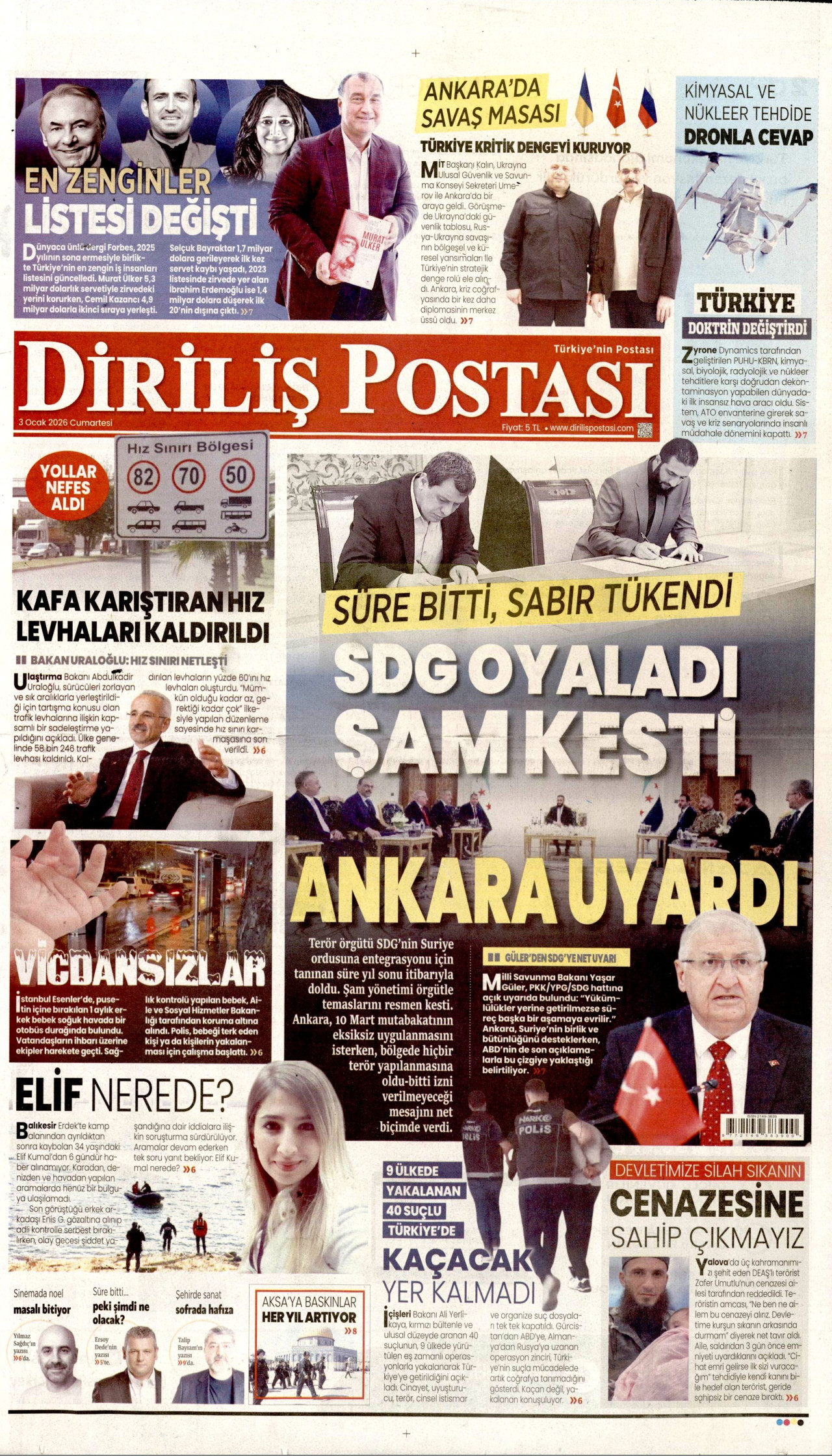DİRİLİŞ POSTASI gazetesinin 3 Ocak 2026 tarihli birinci sayfası