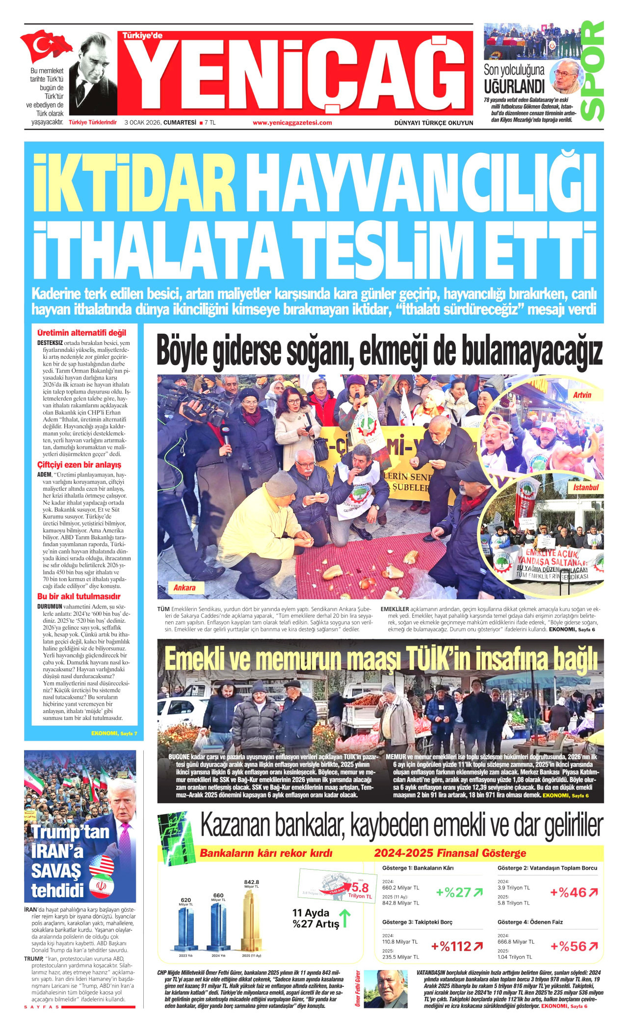 YENİÇAĞ gazetesinin 3 Ocak 2026 tarihli birinci sayfası