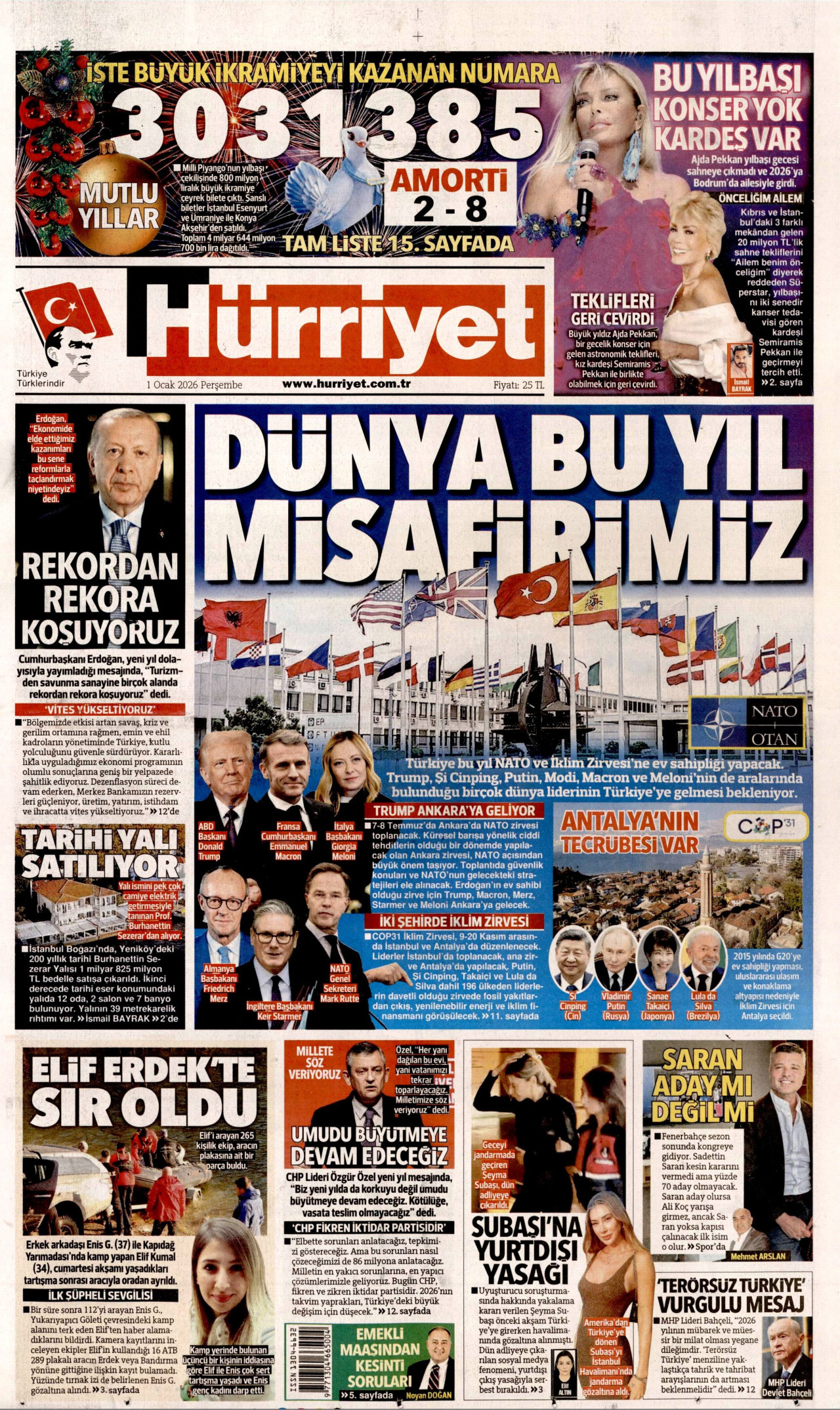 HÜRRİYET gazetesinin 1 Ocak 2026 tarihli birinci sayfası