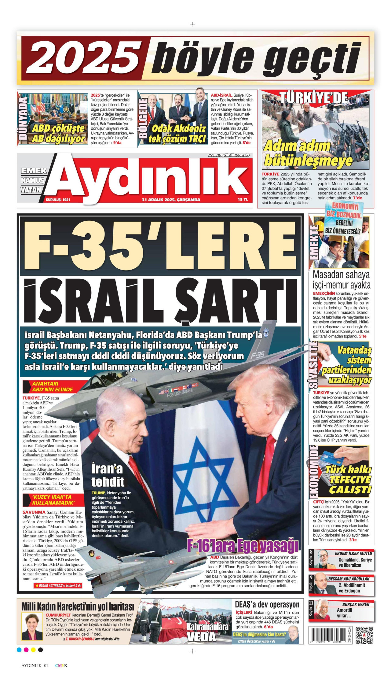 AYDINLIK GAZETESİ gazetesinin 31 Aralık 2025 tarihli birinci sayfası