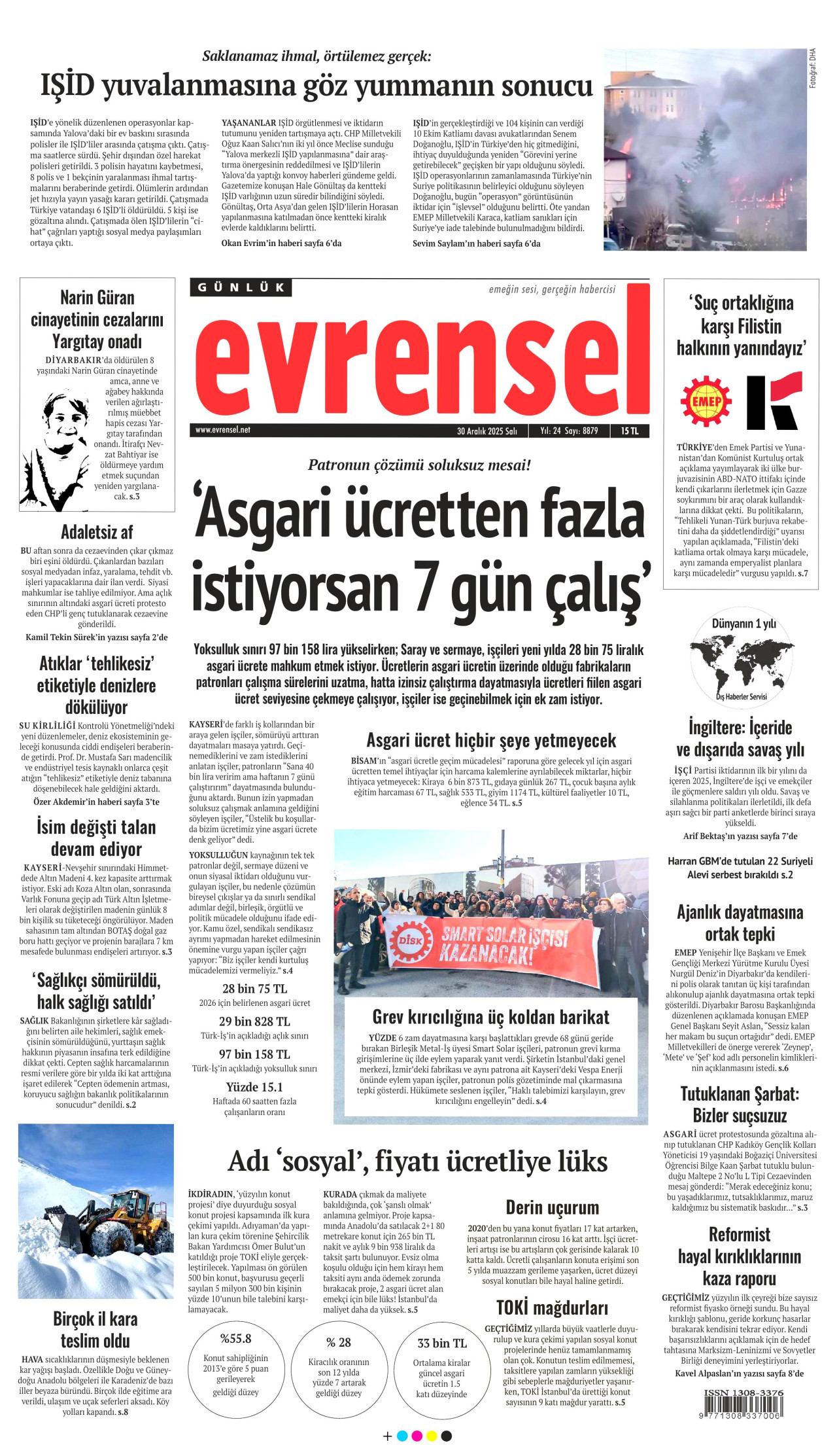 EVRENSEL gazetesinin 30 Aralık 2025 tarihli birinci sayfası
