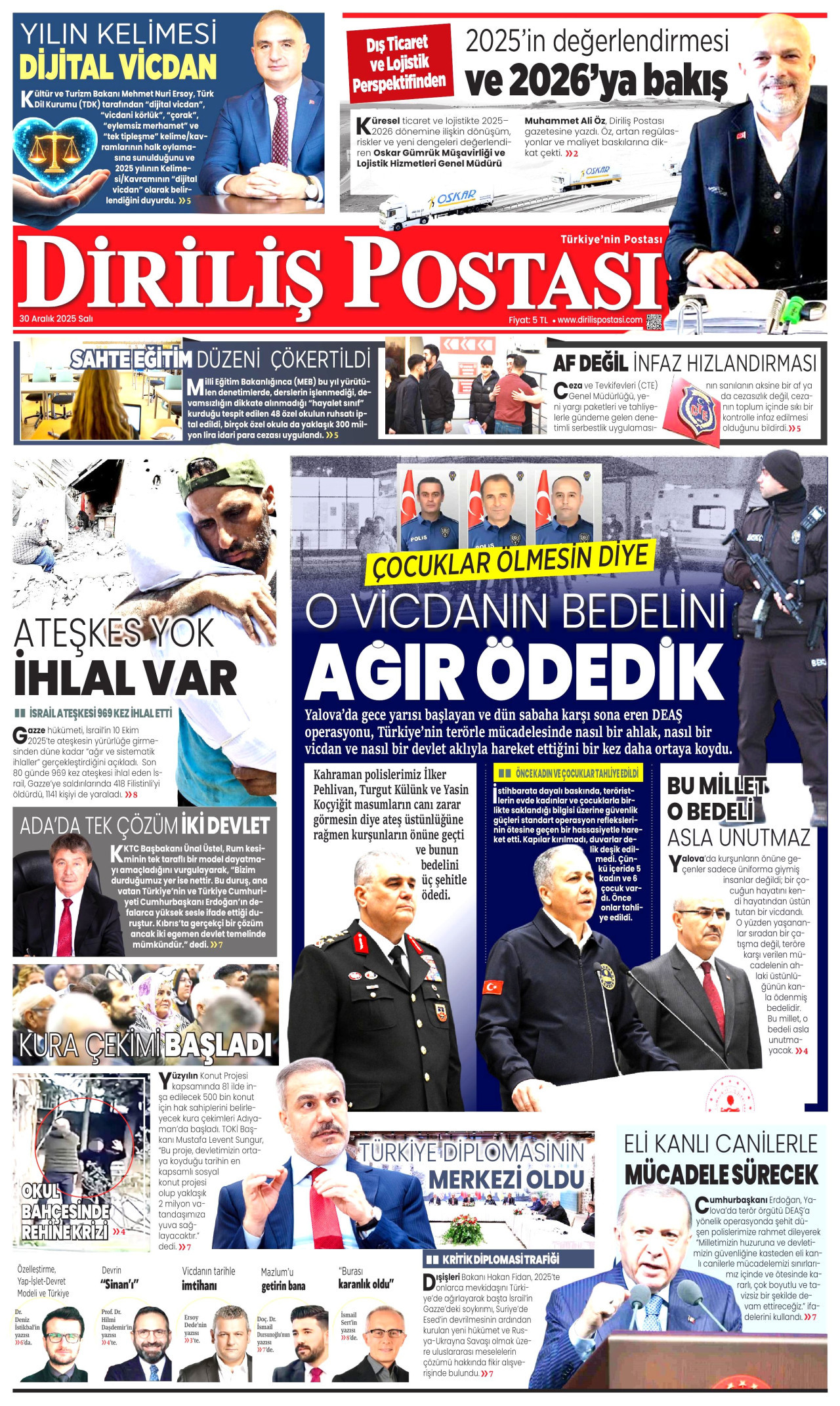 DİRİLİŞ POSTASI gazetesinin 30 Aralık 2025 tarihli birinci sayfası