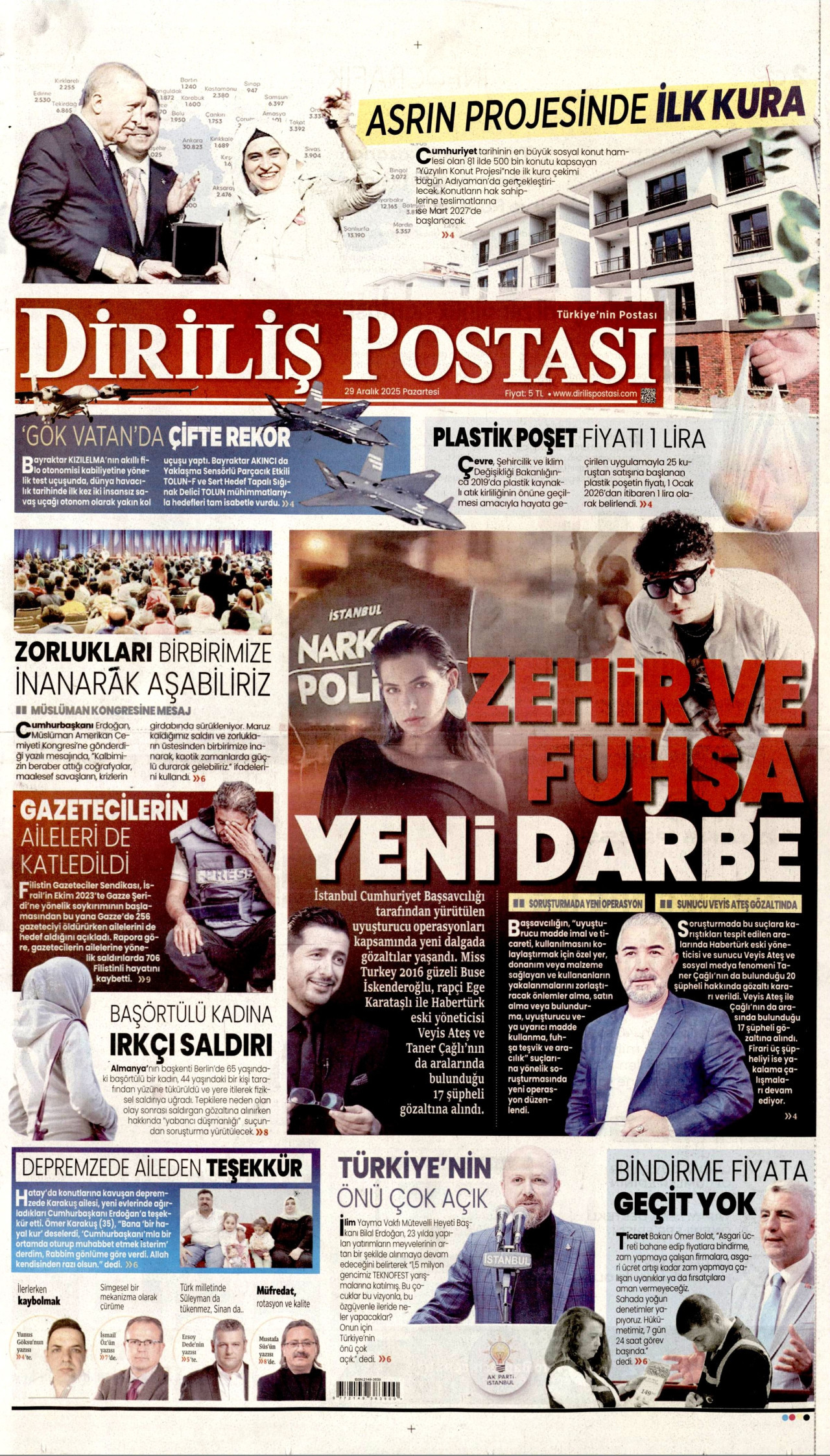 DİRİLİŞ POSTASI gazetesinin 29 Aralık 2025 tarihli birinci sayfası