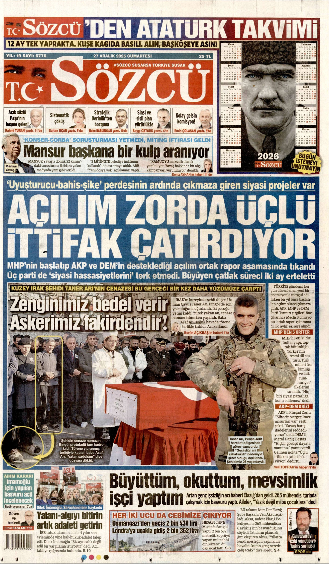 SÖZCÜ gazetesinin 27 Aralık 2025 tarihli birinci sayfası