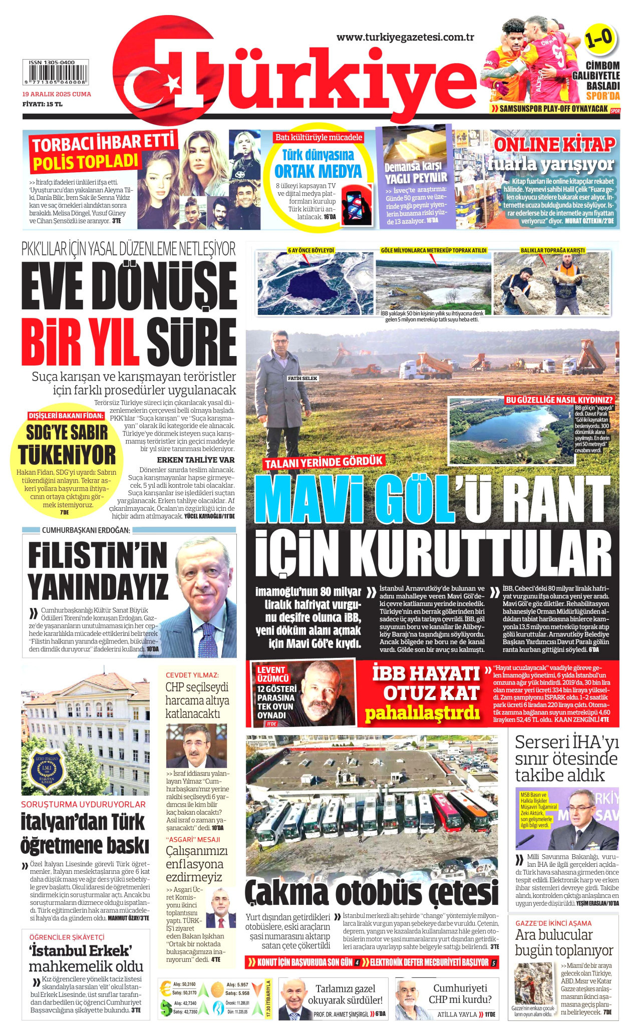 TÜRKİYE GAZETESİ gazetesinin 19 Aralık 2025 tarihli birinci sayfası