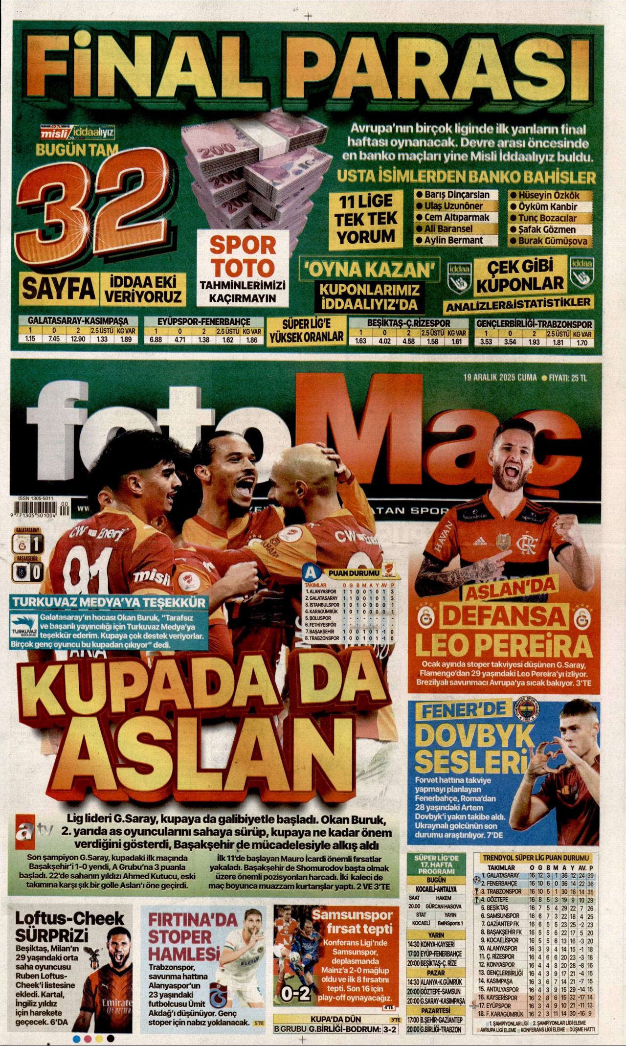 FOTOMAÇ gazetesinin 19 Aralık 2025 tarihli birinci sayfası