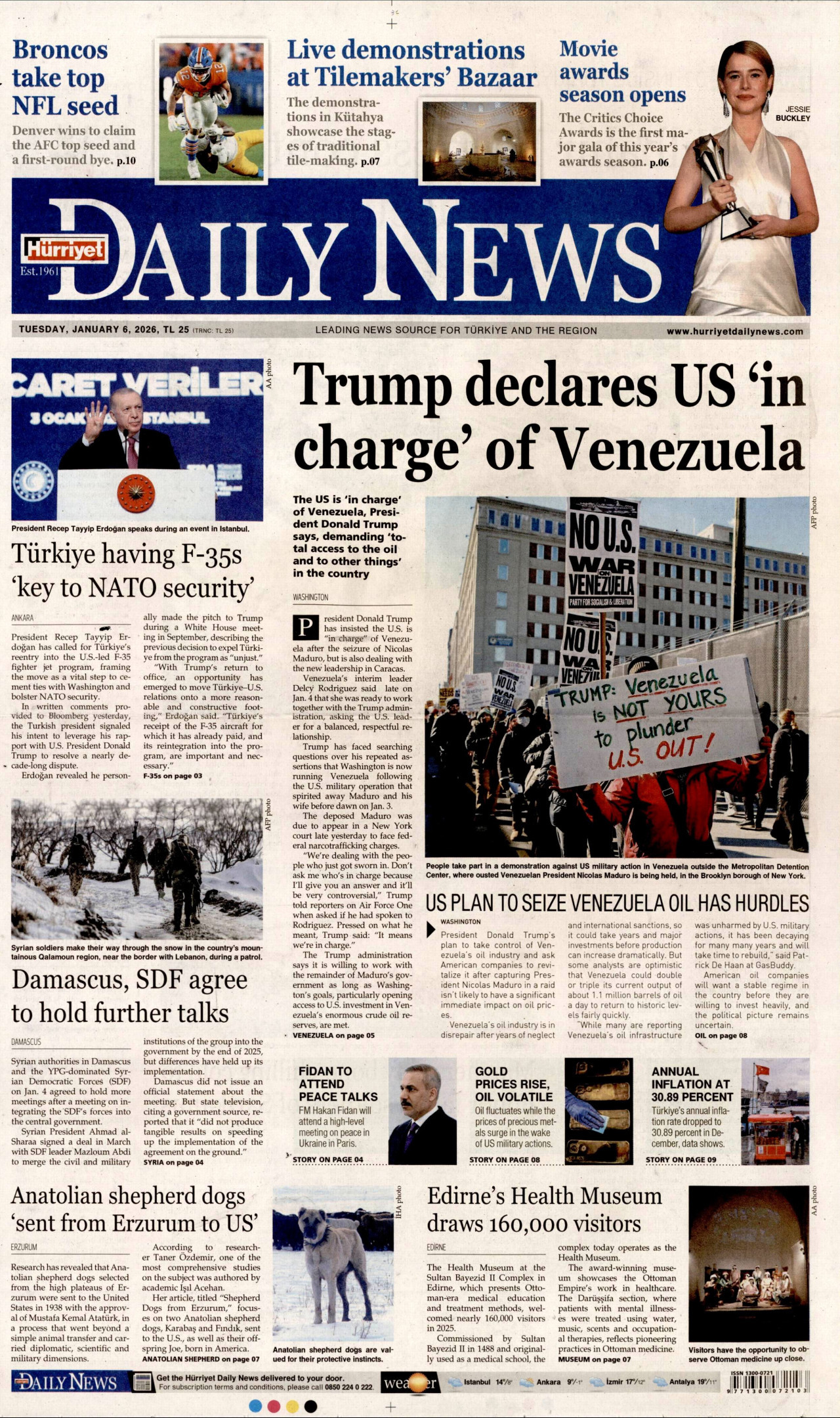 HÜRRİYET DAİLY NEWS gazetesinin 6 Ocak 2026 tarihli birinci sayfası