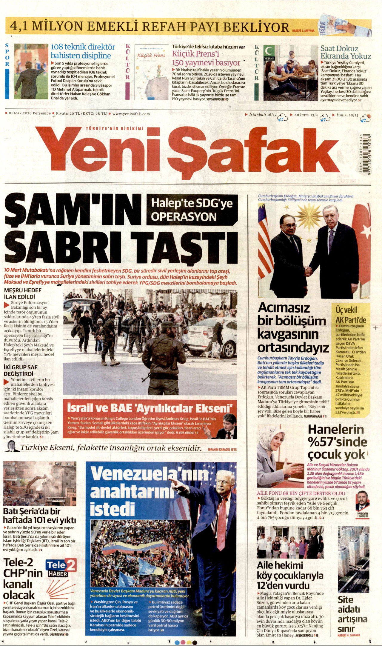YENİ ŞAFAK gazetesinin 8 Ocak 2026 tarihli birinci sayfası
